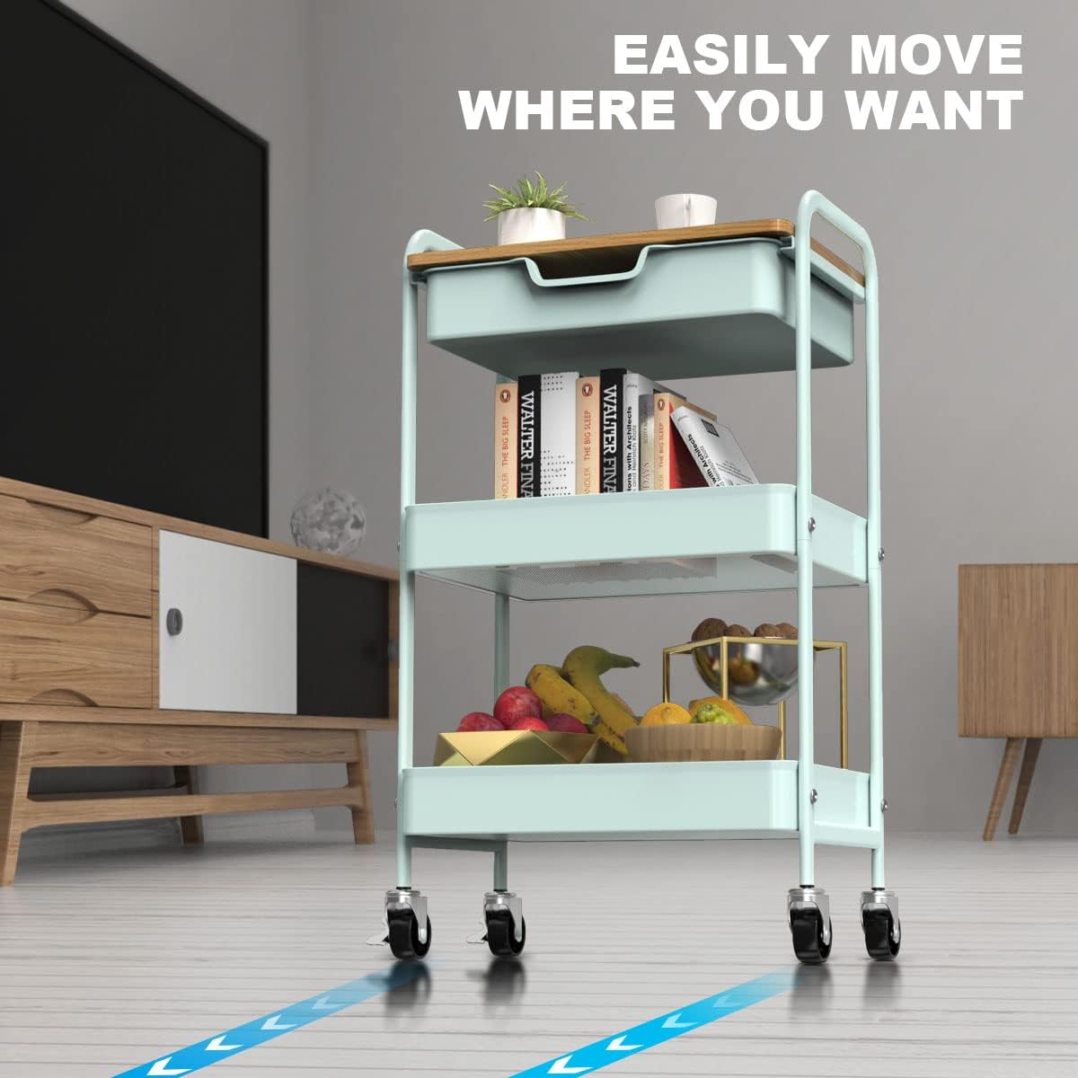 3 Tier Rolling Cart, Utility Cart with Drawer and Table Top, Metal Rolling Kitchen Storage
