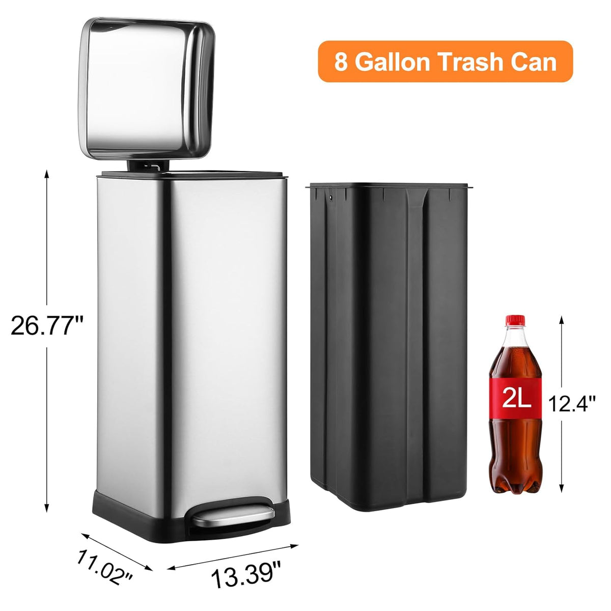 TrailBlaze 8Gallon / 30L Kitchen Trash Can, Stainless Steel Rectangular Pedal Recycle Bin with