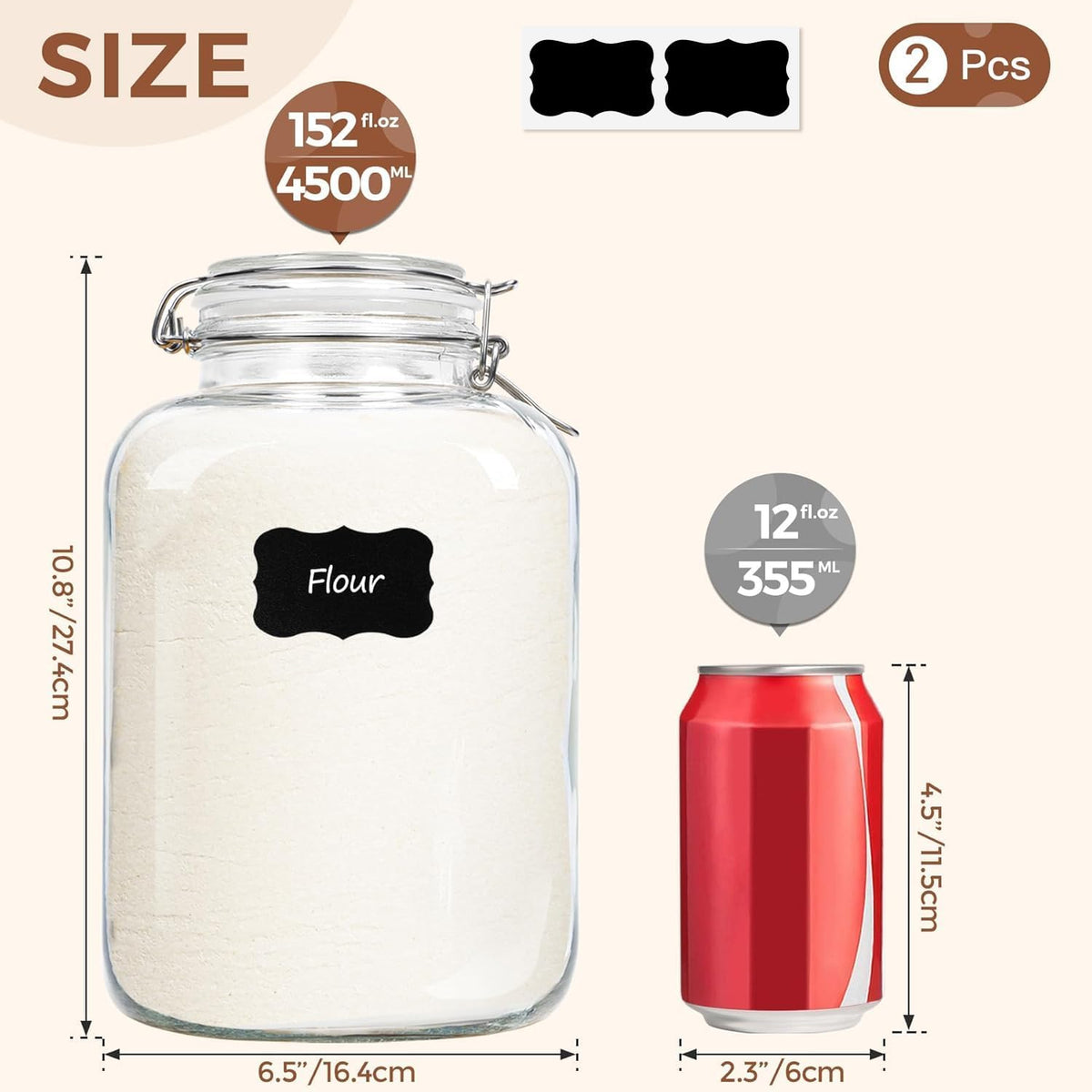 ComSaf Rice Container 152oz, Flour Sugar Storage Containers, Glass Jars with Airtight Lid, 1.17