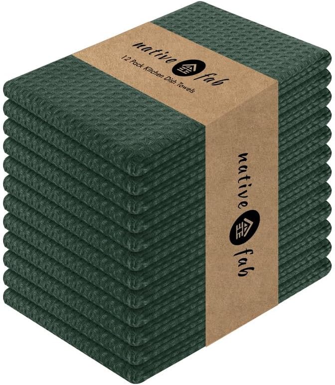 Native Fab Waffle Weave Dish Towels 12 Pack, 100% Cotton Kitchen Dishcloths with Hanging Loop