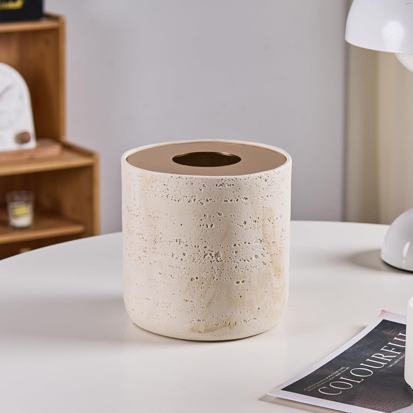 Natural Travertine Textures Mini Trash Can with Rose Gold Stainless Steel Lid, Mini Countertop