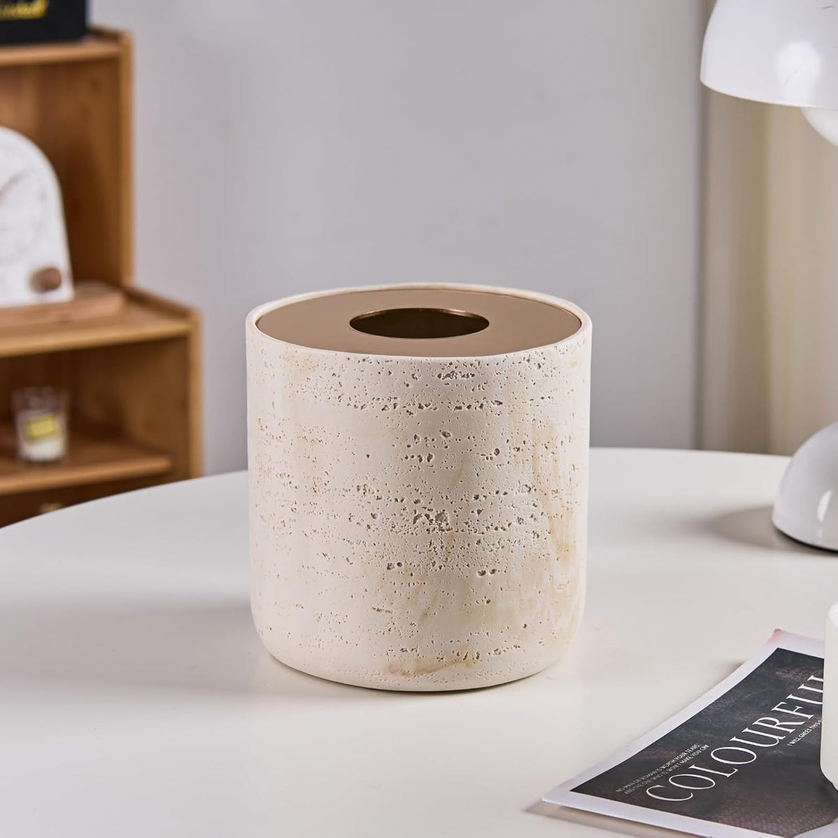 Natural Travertine Textures Mini Trash Can with Rose Gold Stainless Steel Lid, Mini Countertop