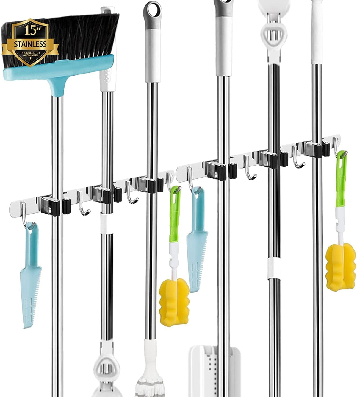 2 Pack 3 Racks and 4 Hooks Broom and Mop Holder Wall Mounted Garage Organizer Storage Tool Racks
