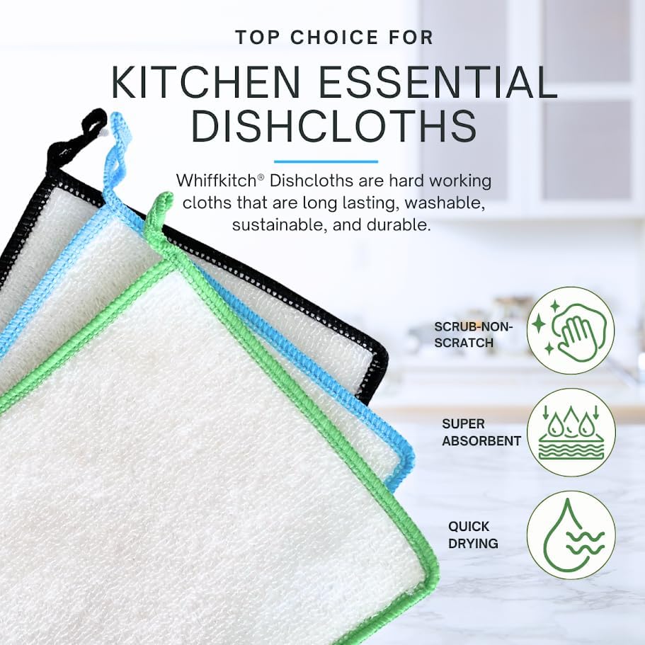 Whiffkitch Dishcloths Dishrags for Kitchen and Household Cleaning 6x7 3-Pack Non-Scratch 2-Ply