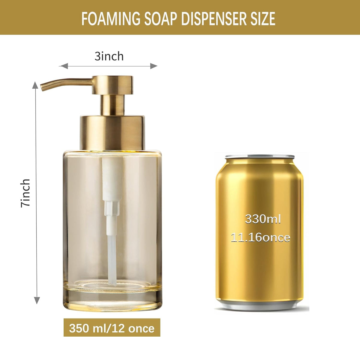 Enra Gold Foaming Soap Dispenser, 12oz Thick Glass Bathroom & Kitchen Dispenser with Stainless