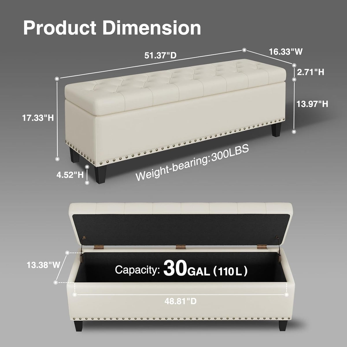 Storage Ottoman Bench, 51-Inch Large Storage Bench for Bedroom End of Bed, 30 Gallons Faux Leather