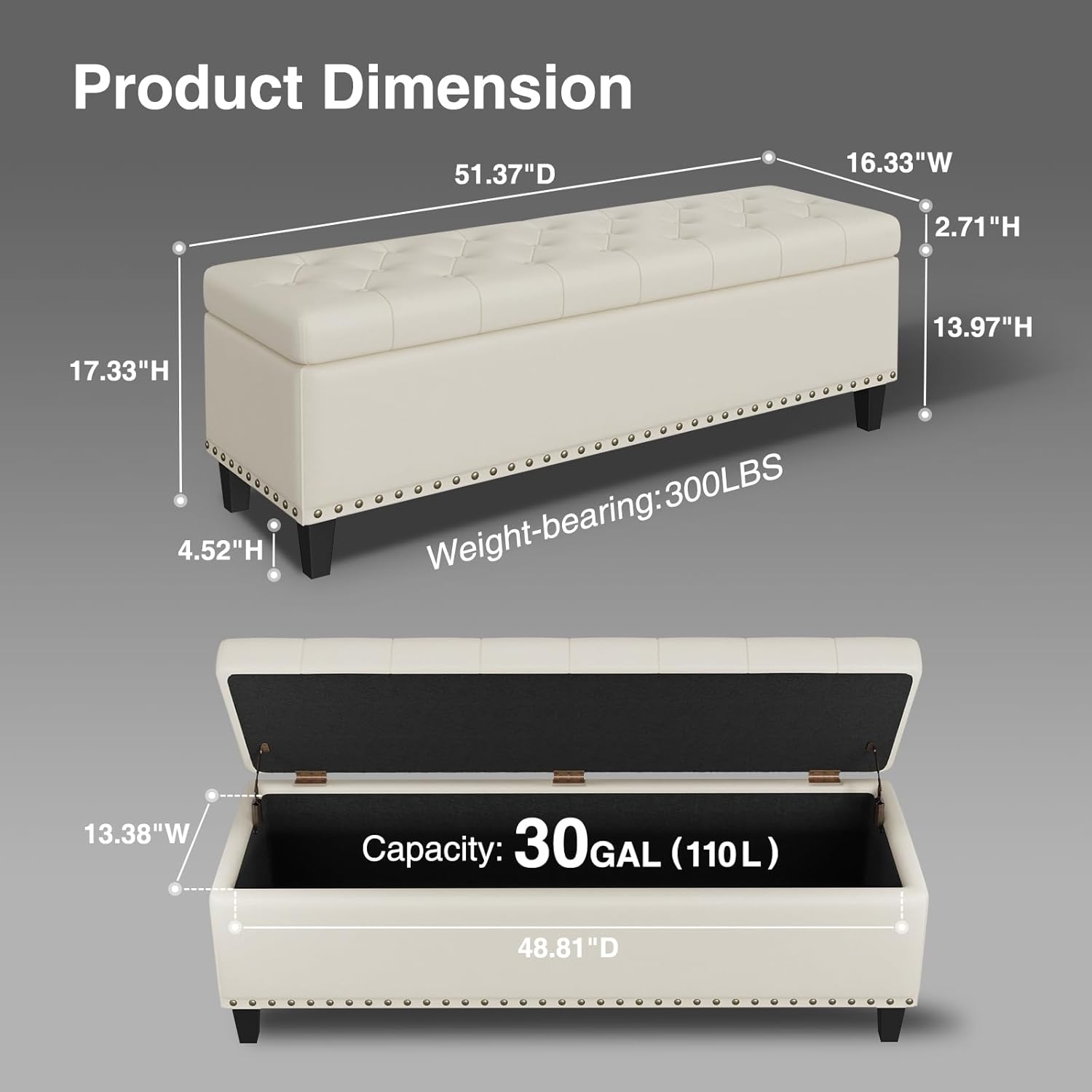 Storage Ottoman Bench, 51-Inch Large Storage Bench for Bedroom End of Bed, 30 Gallons Faux Leather