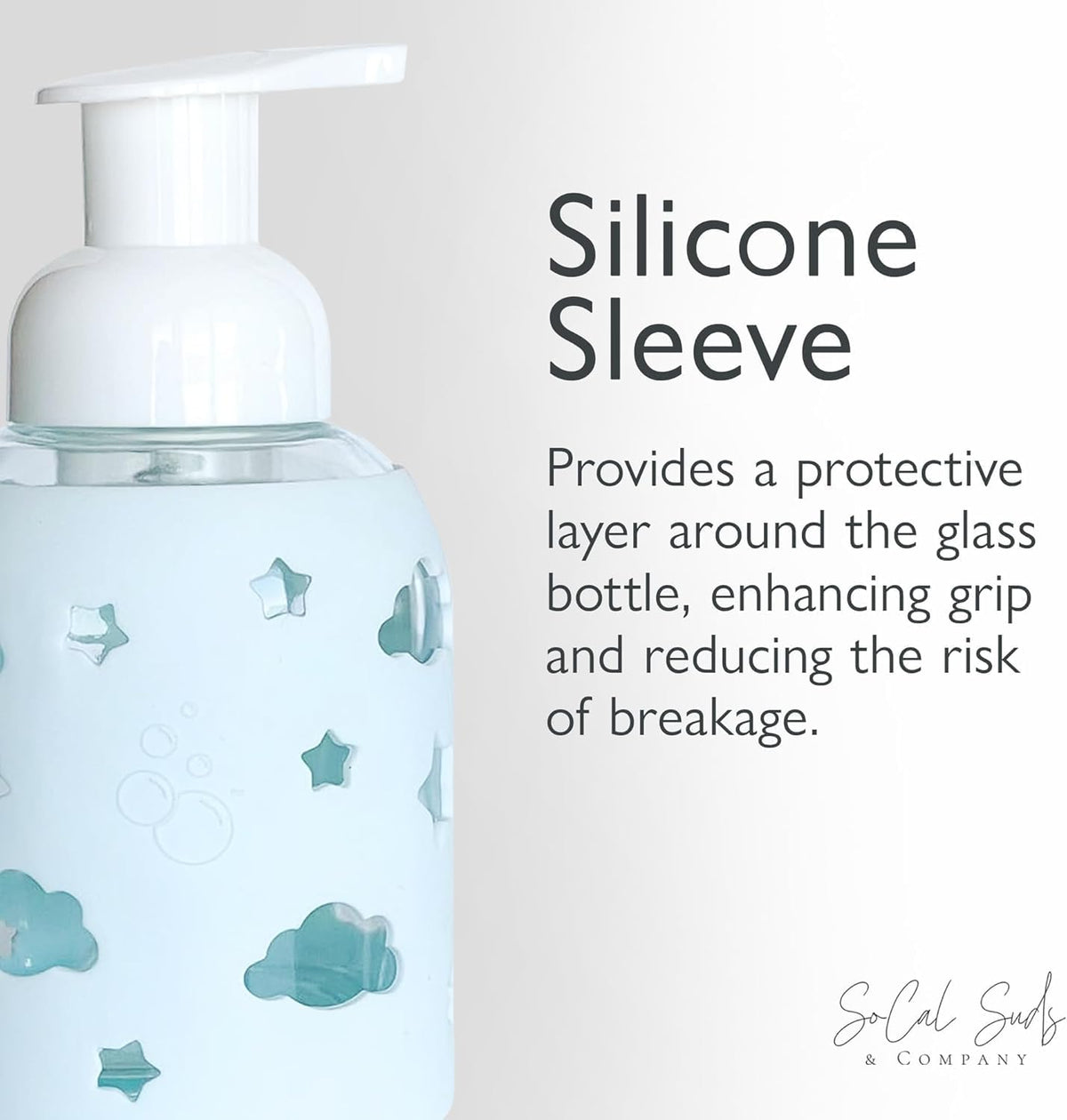 SoCal Suds & Company Glass Foaming Hand Soap Dispenser, Soft Grip Silicone Sleeve, Refillable Pump