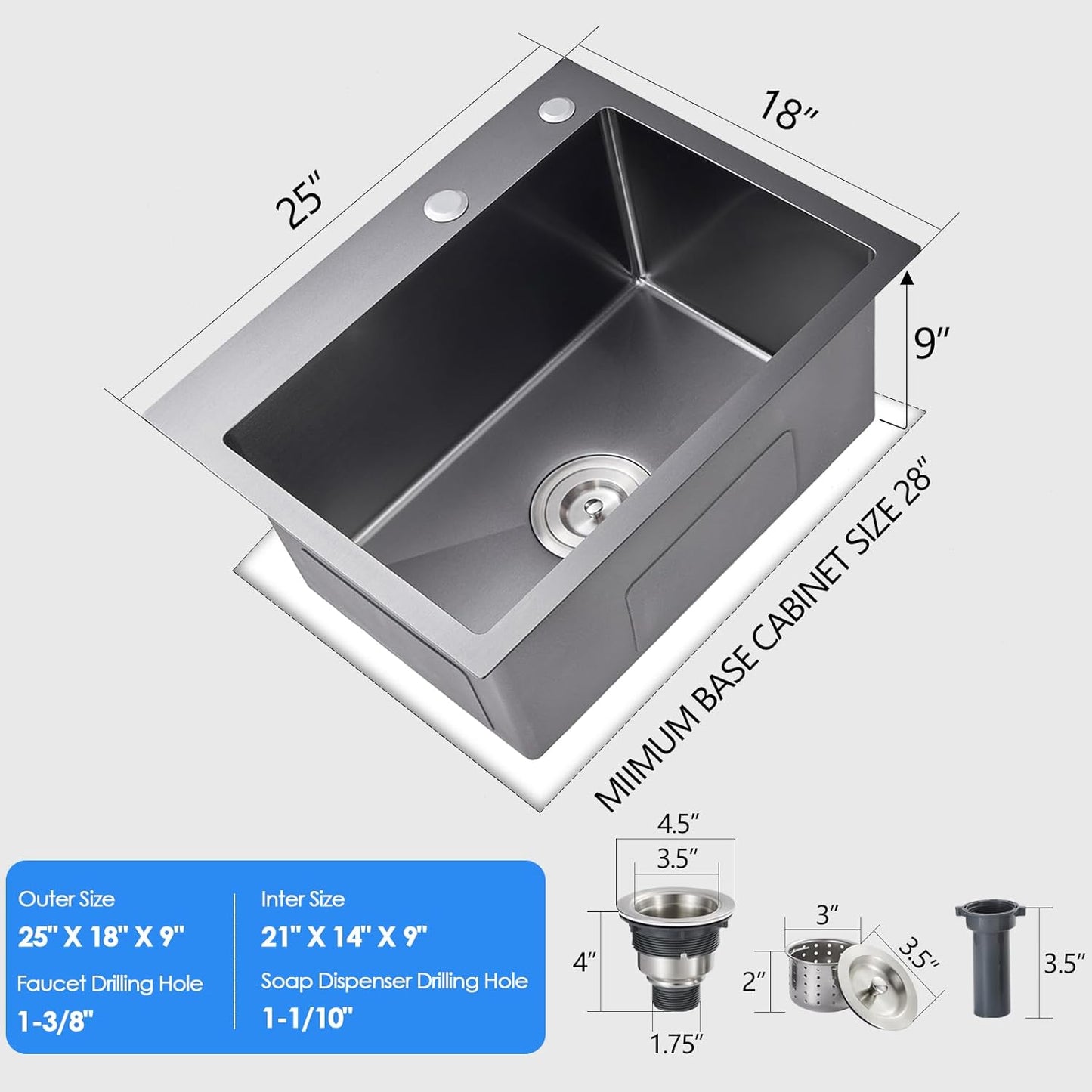 25x18x9 Inch Drop in Kitchen Sink, Handmade 304 Black Stainless Steel Single Bowl, Topmount with 2