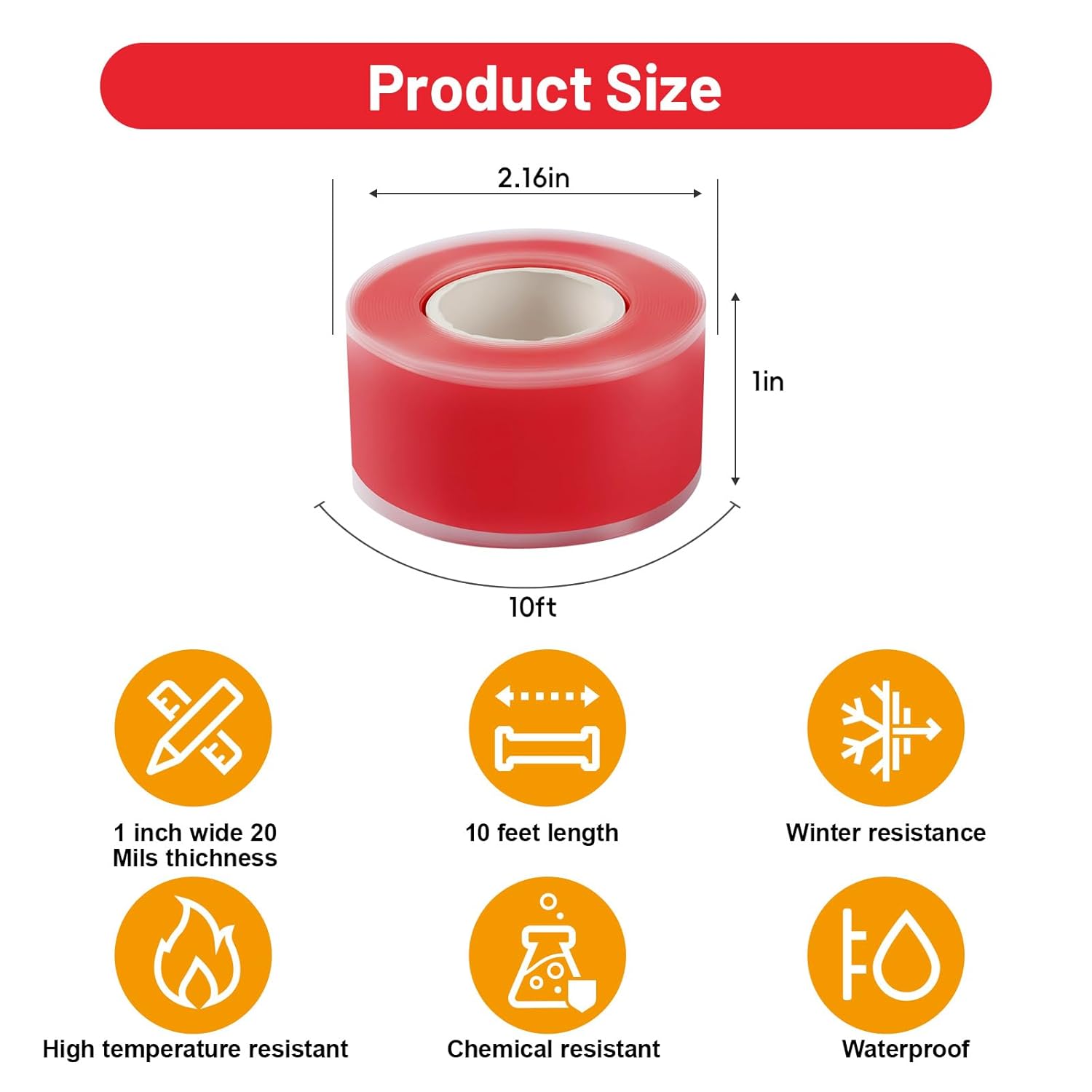 Self Fusing Silicone Tape 2 Rolls 1 in x 10' Red Waterproof Rescue Tape Rubber Leak Silicone