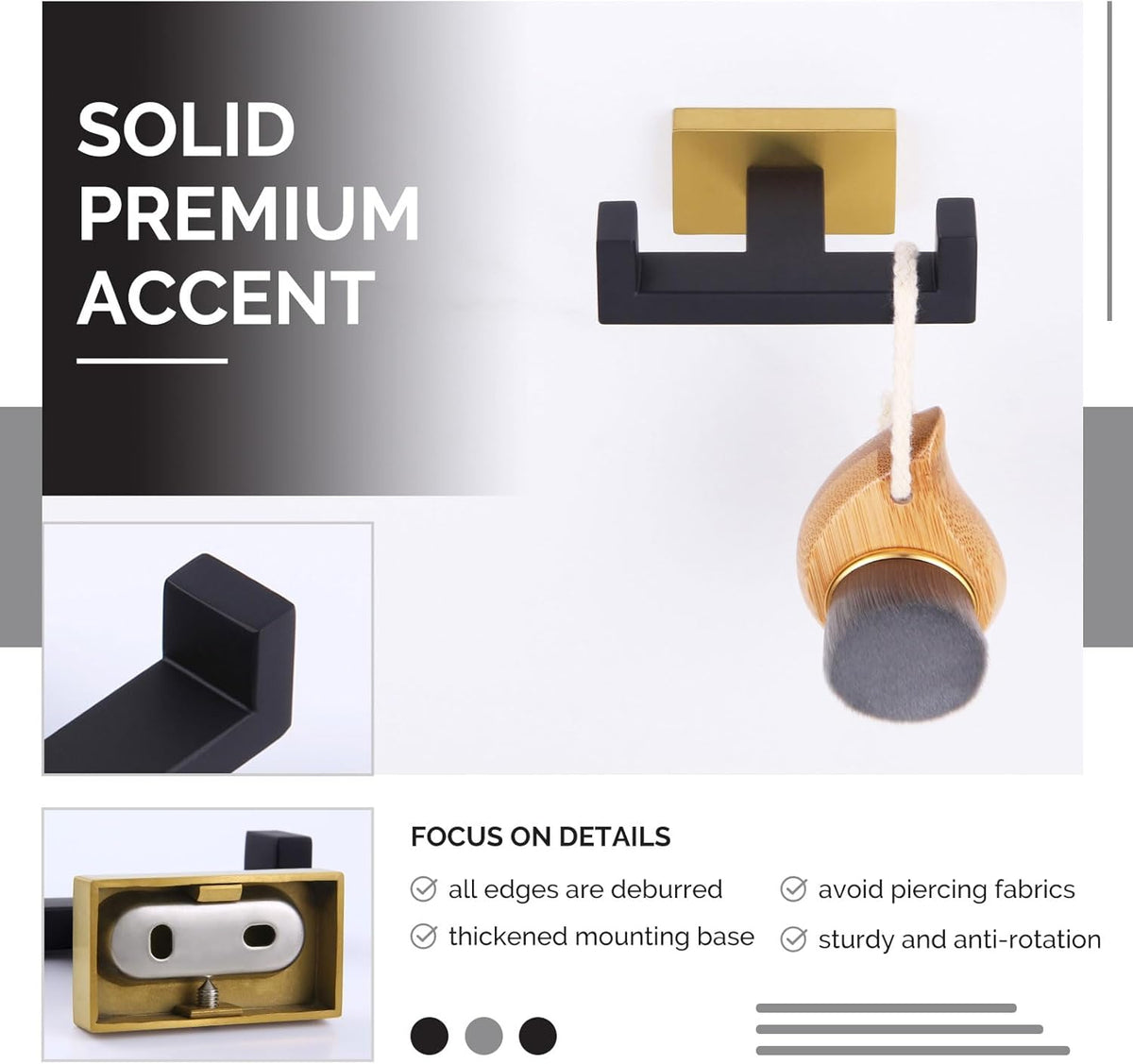 Angle Simple Towel Hook Black & Gold 2 PCS, Stainless Steel Double Hook for Bathroom, Square Robe