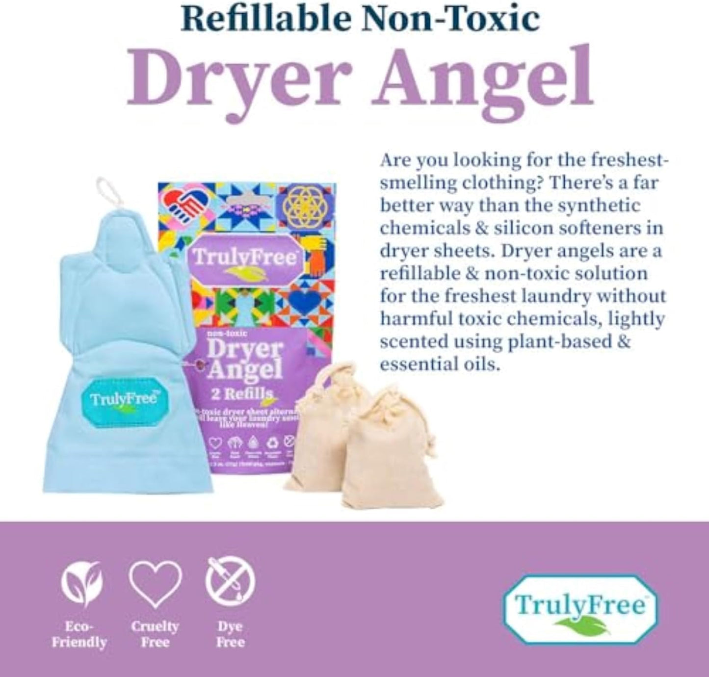 Truly Free Dryer Angel - Natural Dryer Sheet Alternative, Non-Toxic Reusable Fabric Softener Sheets