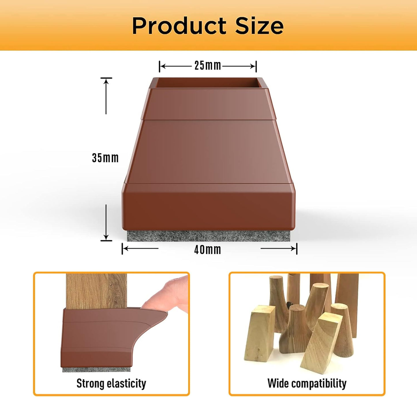 Square Chair Leg Protectors for Hardwood Floors, 16 Pcs Silicone Felt Furniture Leg Cover,(Brown 1