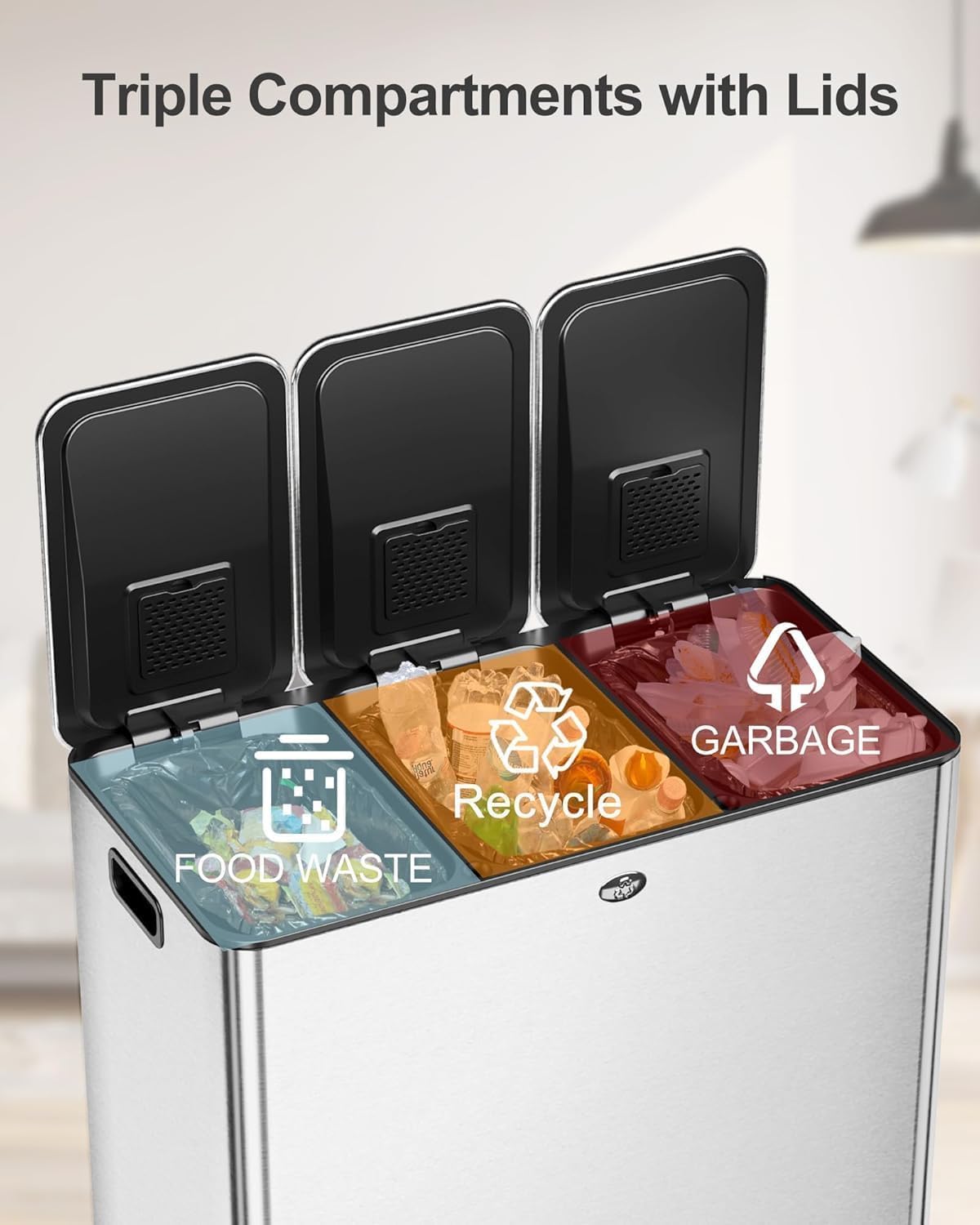 60L/15.9 Gal Gallon Three-Compartment Pedal Stainless Steel Kitchen Recycling Trash Can with Odor