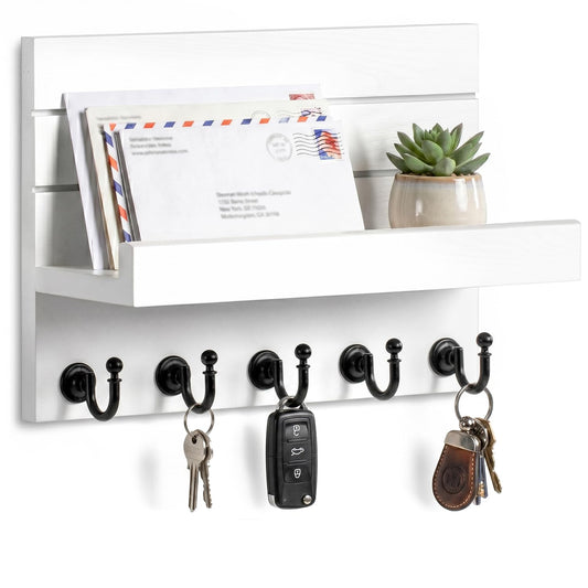 HONJIN Key Holder Wall Mount with Shelf and 5 Sturdy Key Hooks (White)