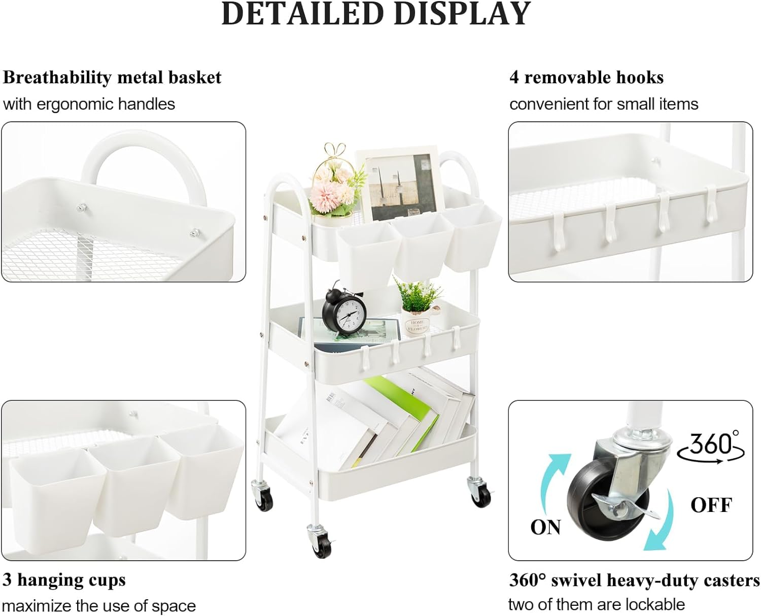 danpinera 3-Tier Rolling Cart, Metal Rolling Storage Cart with Lockable Wheels & Hanging Cups &