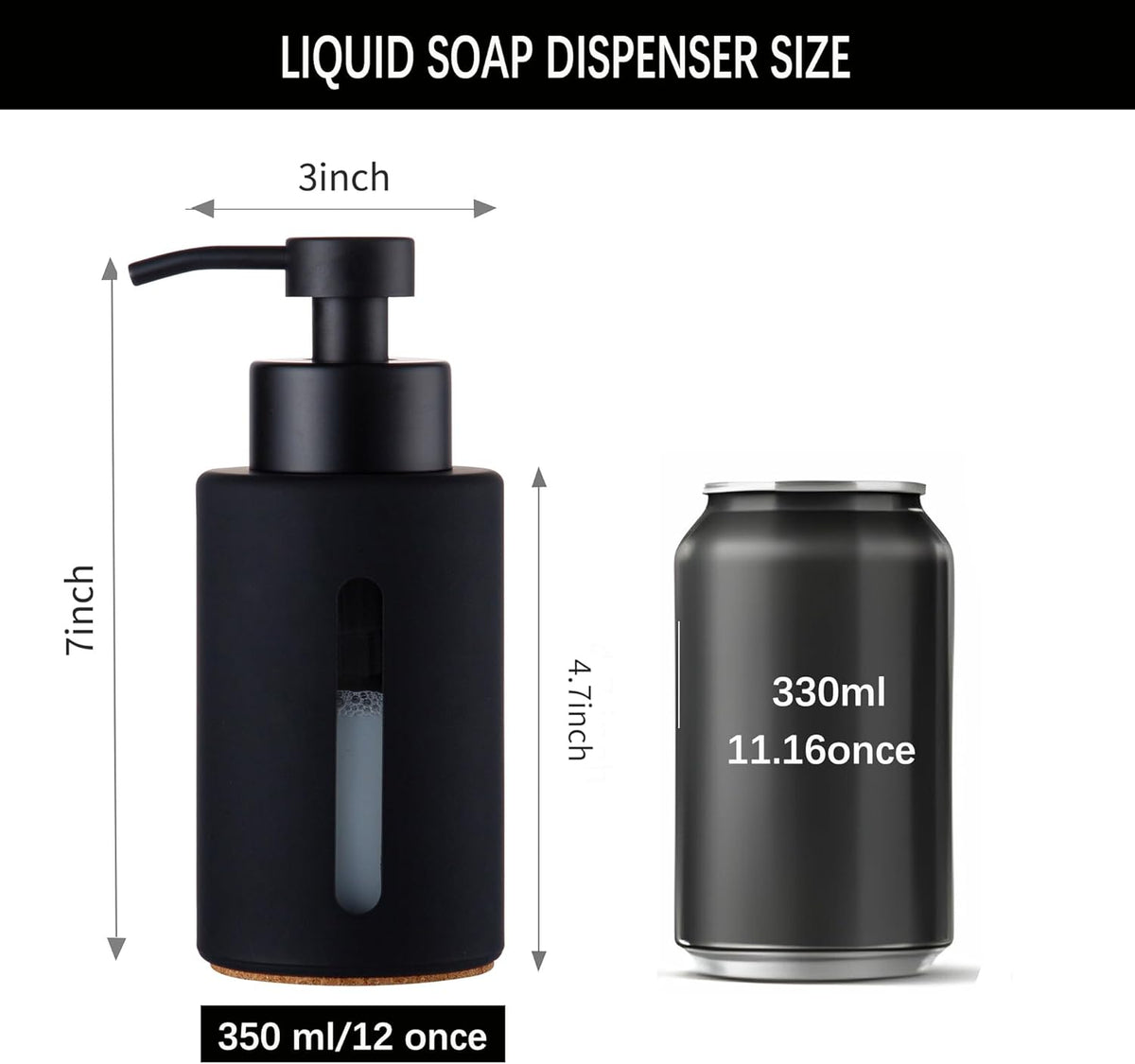 Enra Bathroom Soap Dispenser,12oz Glass Black Soap Dispenser Stainless Steel Liquid Pump,Refillable