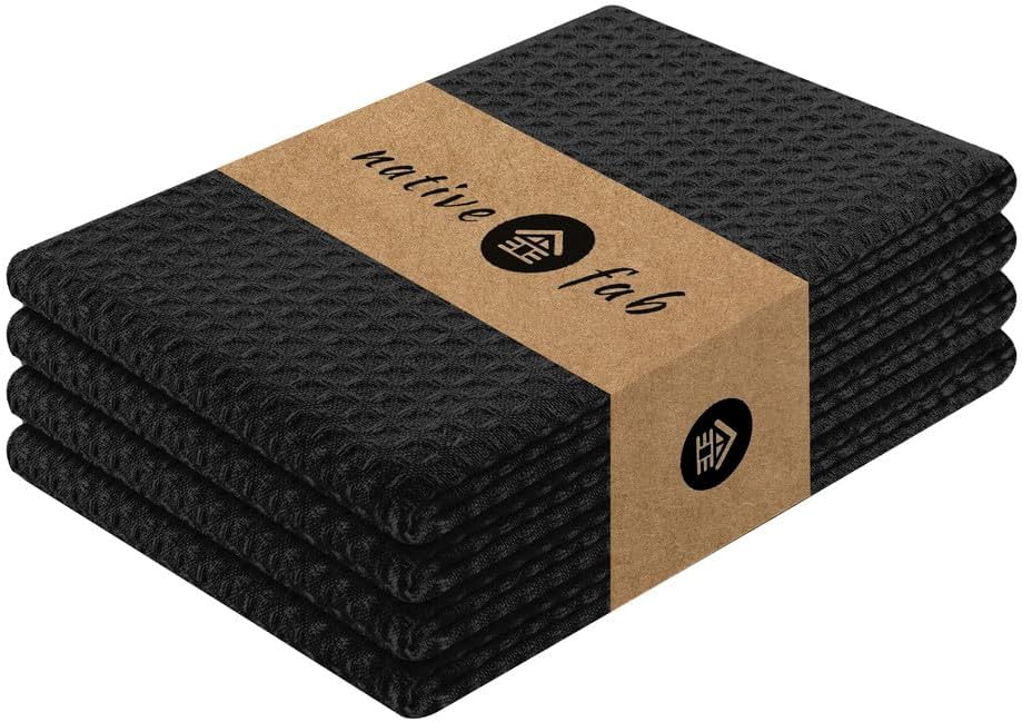 Native Fab Cotton Kitchen Towel with Hanging Loop 16x26 inches, 4-Pack, Waffle Weave Kitchen Towels