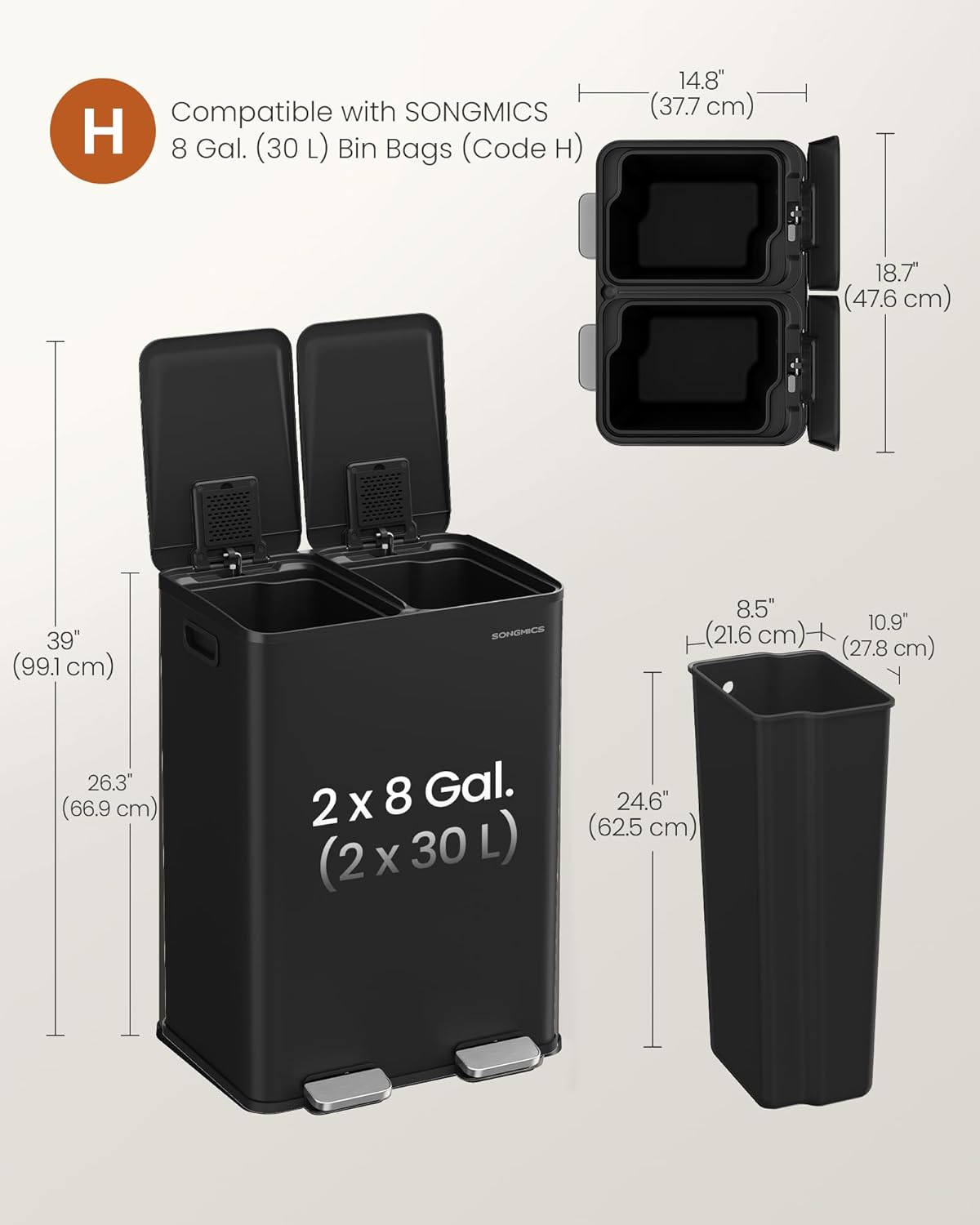 SONGMICS Trash Can, 2 x 8 Gallon (2 x 30 L) Dual-Compartment Garbage Can with Soft-Close Lid, Pedal