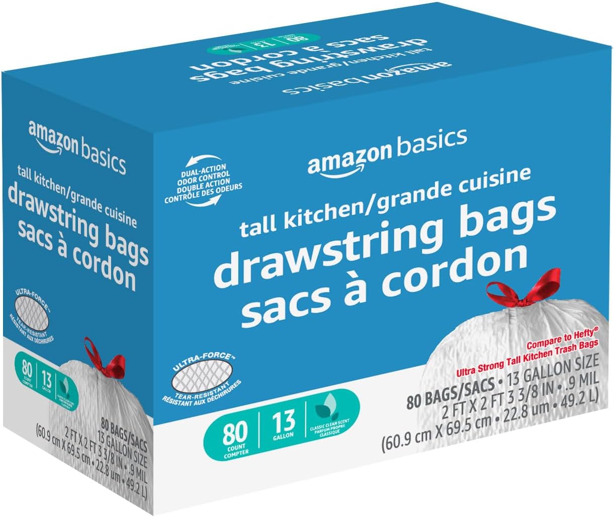 Amazon Basics Ultra-Force Tall Kitchen Drawstring Trash Bags, Classic Clean Scented, 13 Gallon, 80