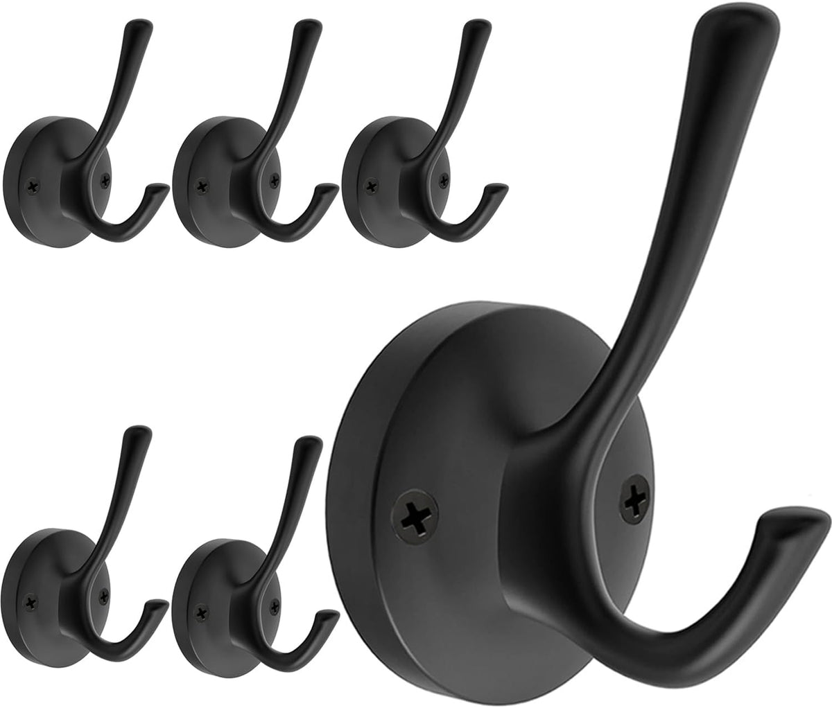 Black Wall Hooks, 6 Pack Coat Towel Hook Heavy Duty Metal Double Bath Robe Hook Wall Mounted, Hat