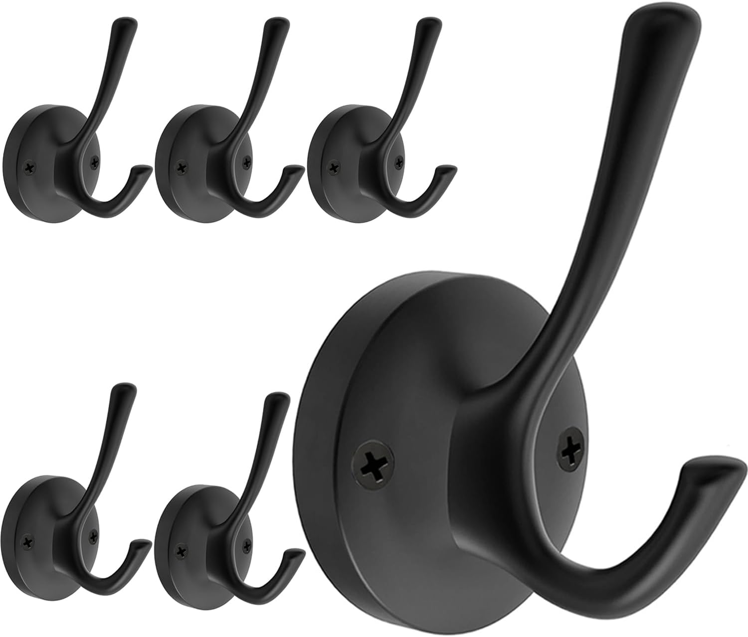 Black Wall Hooks, 6 Pack Coat Towel Hook Heavy Duty Metal Double Bath Robe Hook Wall Mounted, Hat