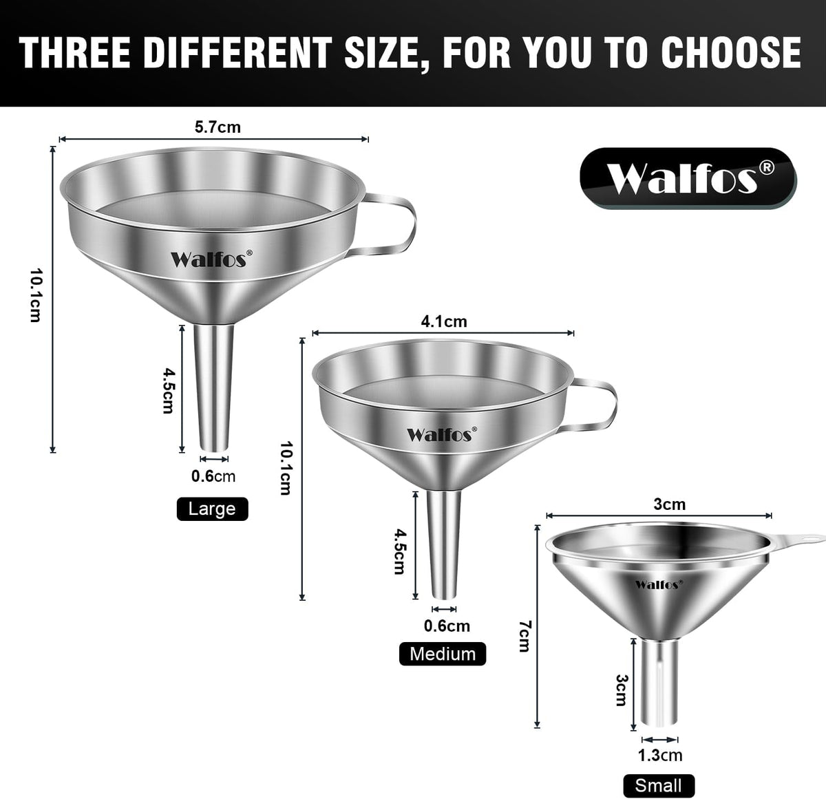 Stainless Steel Funnel, Walfos 3 Different Sizes of Kitchen funnels with 2 Removable Strainer ＆