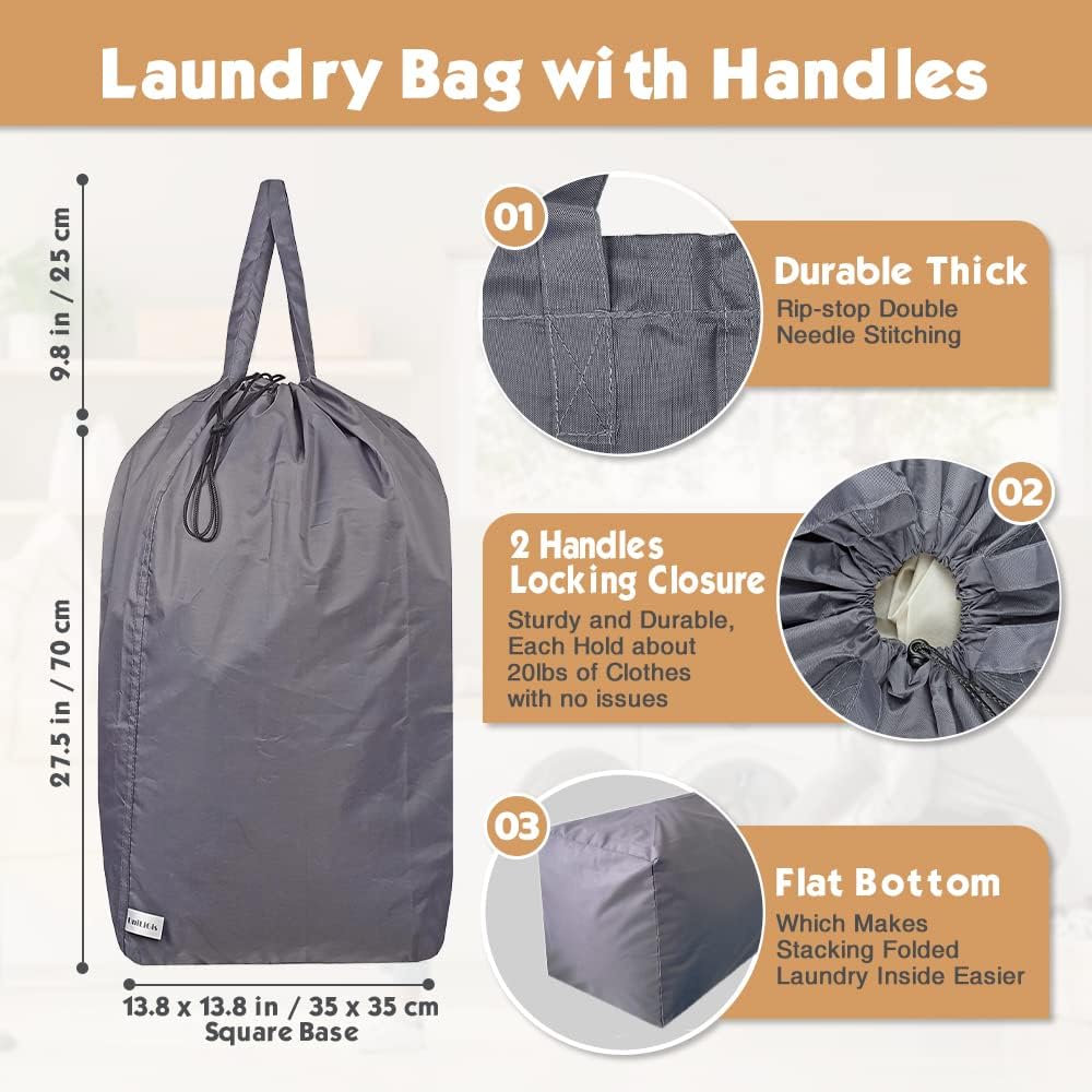 Washable Travel Laundry Bag with Handles and Drawstring, Heavy Duty Large Enough to Hold 3 Loads of
