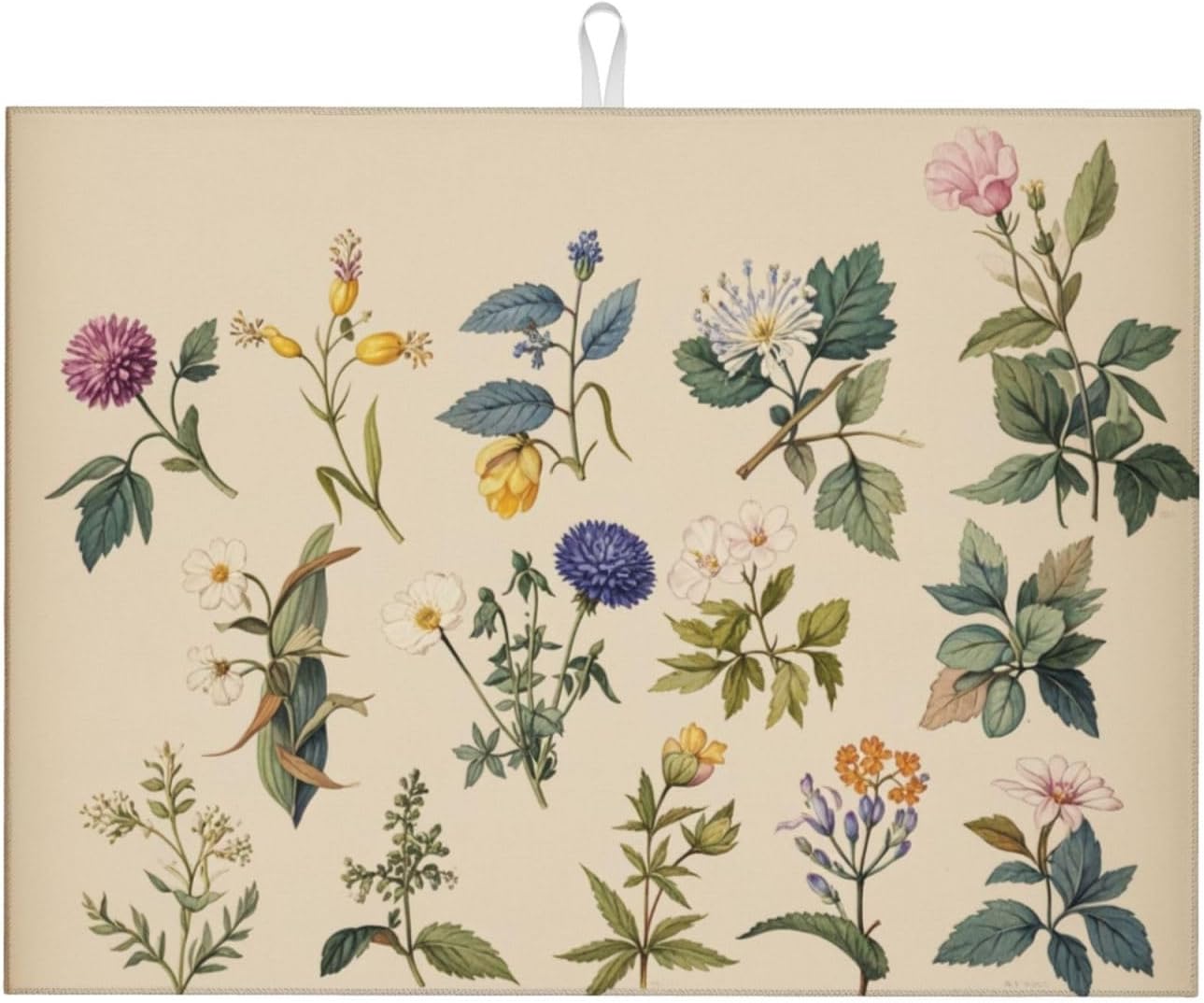 Vintage Plants Herbs Floral Dish Drying Mat Highly Absorbent Double-Sided Microfiber with Hanging