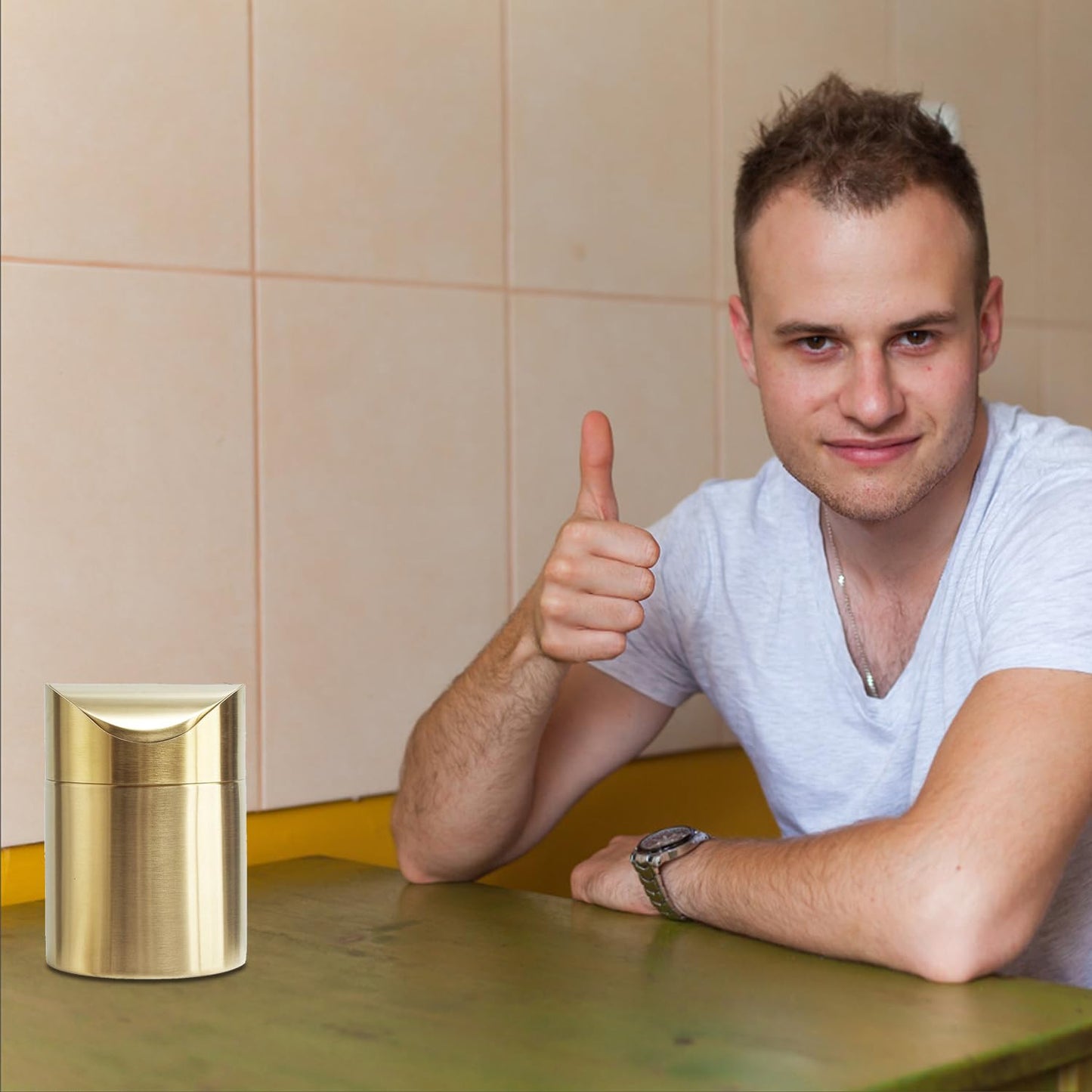 Stainless Steel Trash Can with Swing Lid, Mini Countertop Trash Bin Bathroom, Golden Desktop