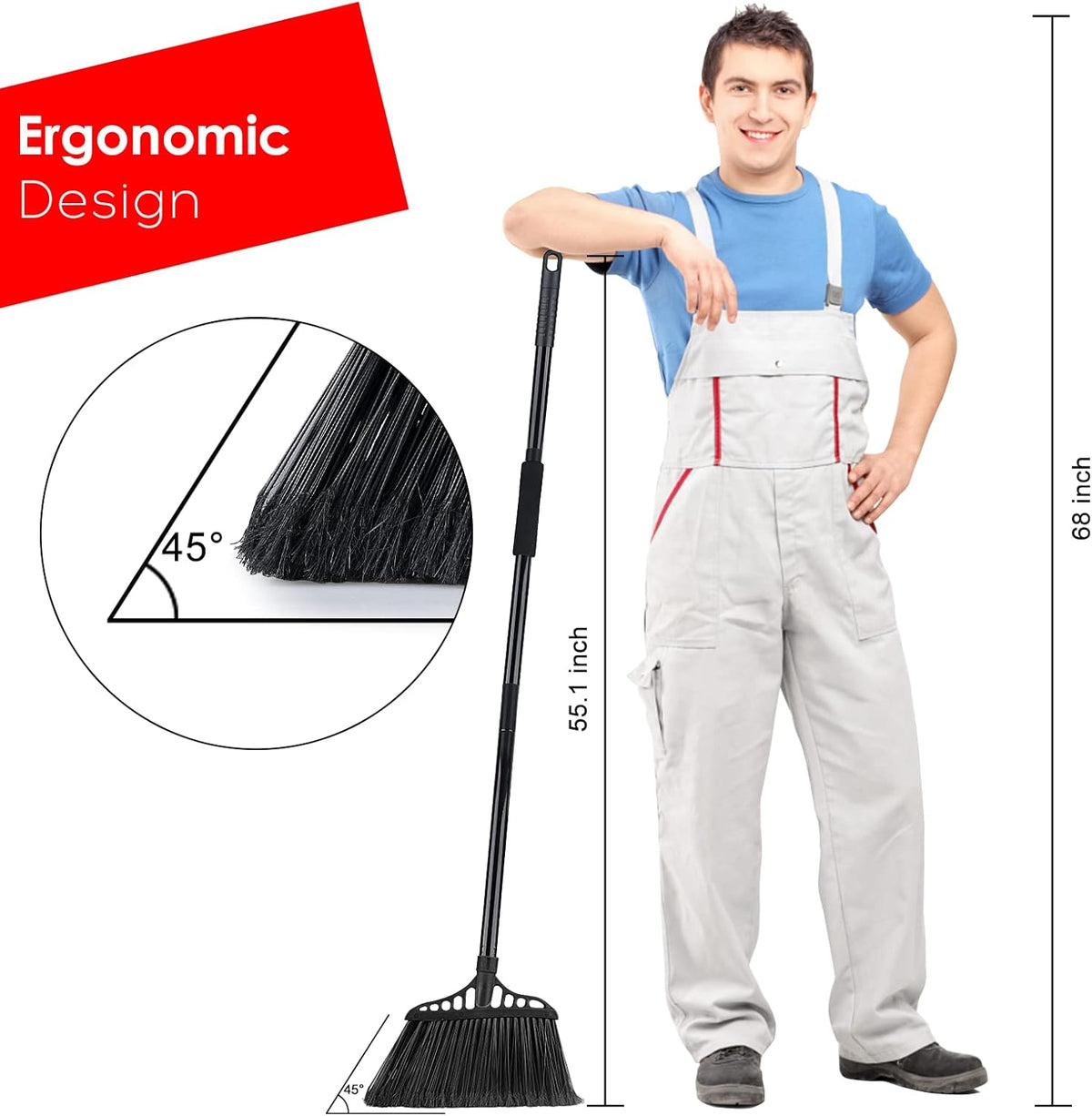 3-Pack Heavy Duty Broom, Commercial Broom with 55" Long Handle Outdoor Indoor, Industrial Brooms