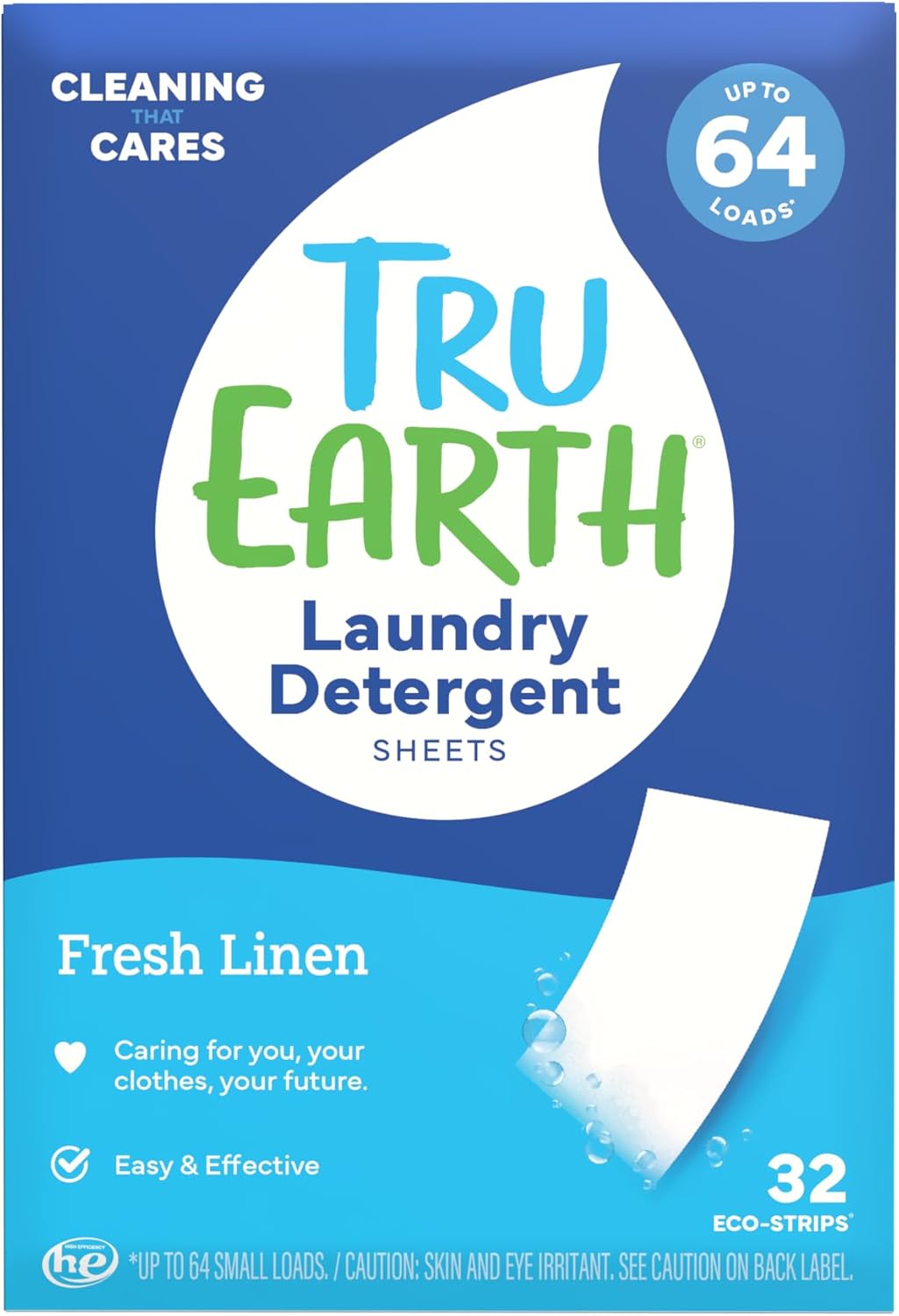 Tru Earth Compact Dry Laundry Detergent Sheets - Up to 64 Loads (32 Sheets) - Paraben-Free
