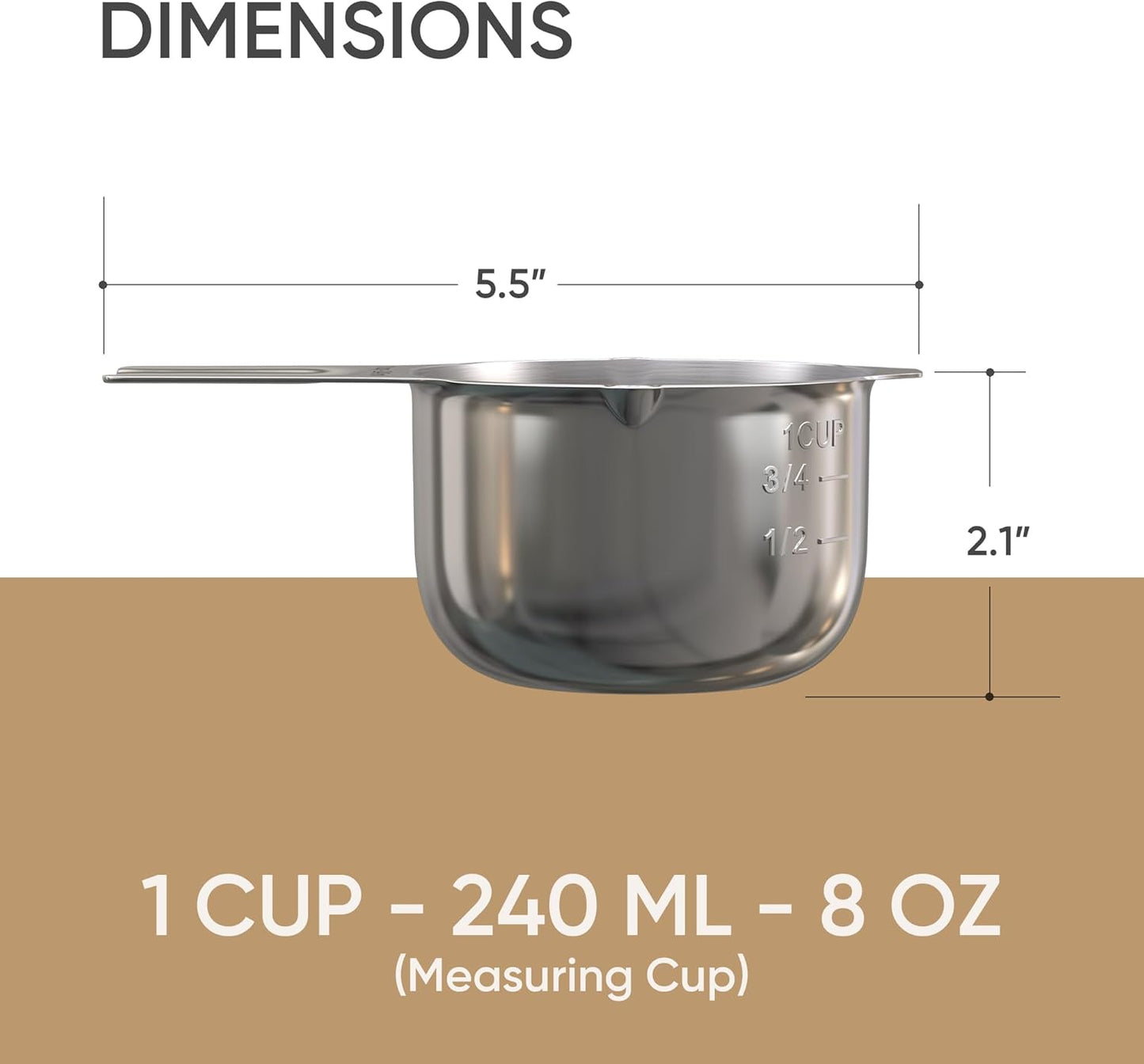 Color Up 1 Cup Measuring Cup (240 ml) – Premium Chrome Stainless Steel, Accurate for Wet & Dry