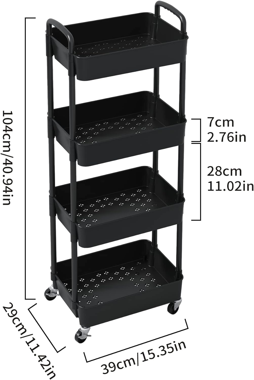 Sywhitta 4-Tier Plastic Rolling Utility Cart with Handle, Multi-Functional Storage Trolley for