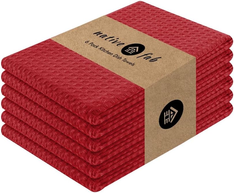 Native Fab Cotton Kitchen Towel with Hanging Loop 16x26 inches, 6-Pack, Waffle Weave Kitchen Towels