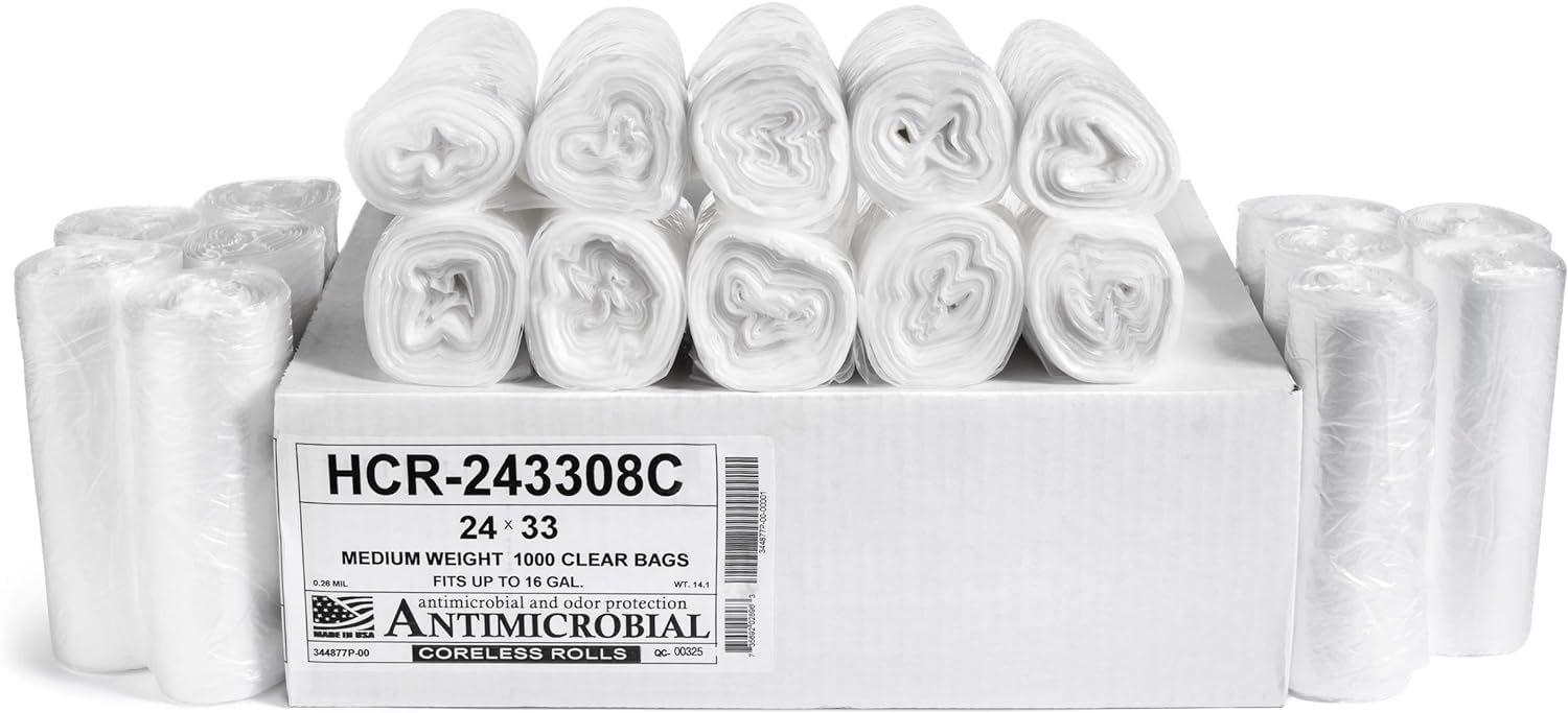 Aluf Plastics High Density Trash Bags, 16 Gallon, 1000 Count, 8 Micron (eq), 24" x 33", Clear, for