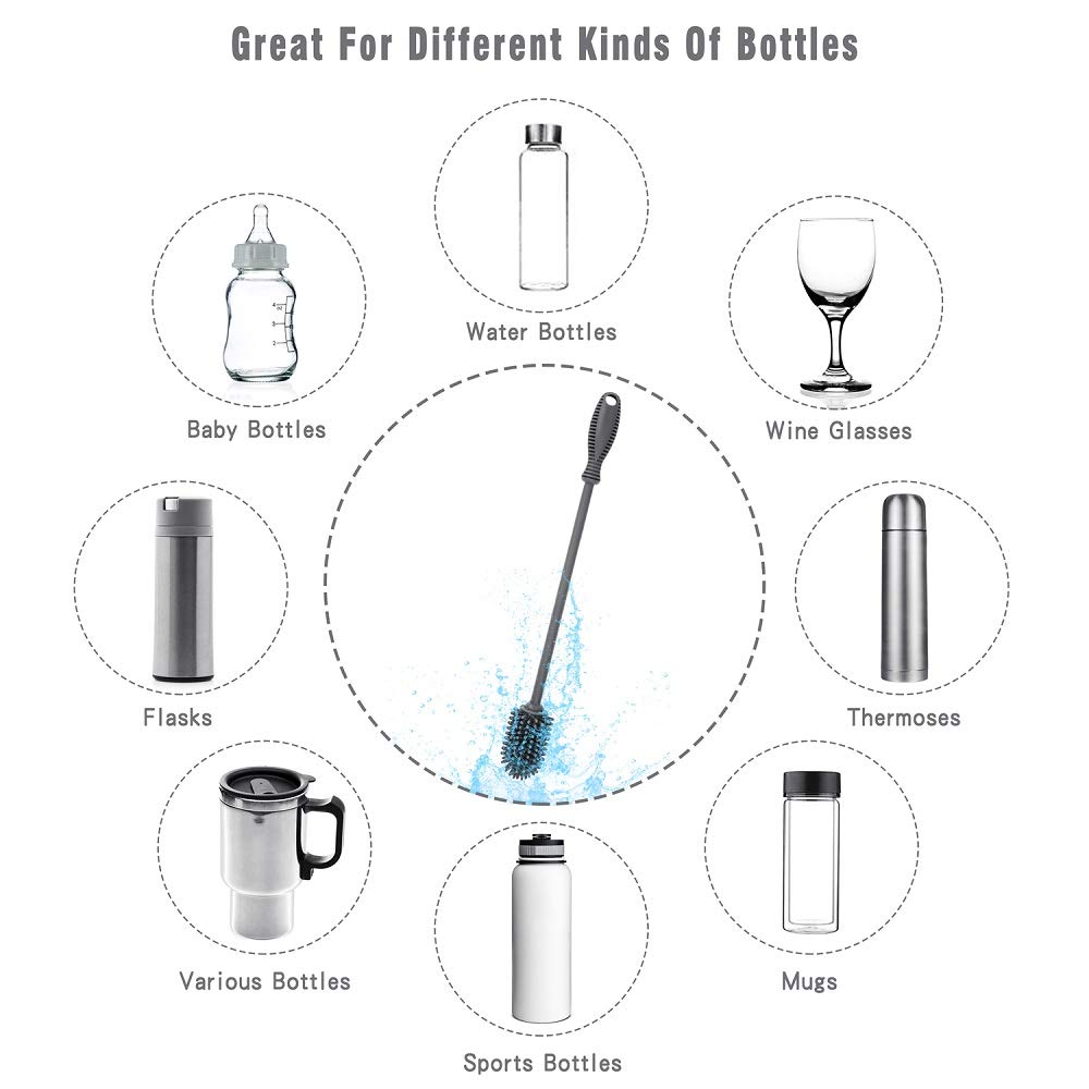 Silicone Bottle Brush with Long Handle, 12.5" Bottle Cleaning Brush, Gray