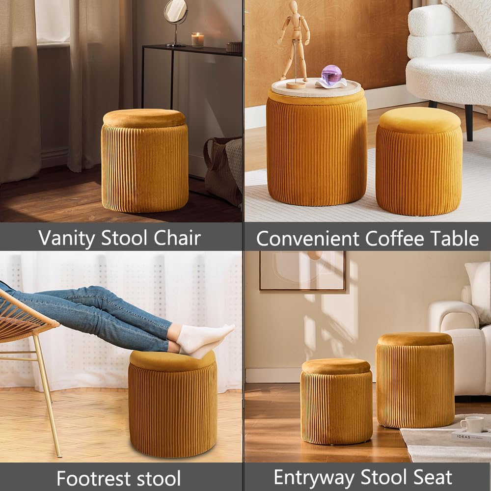 Round Ottoman with Storage Set of 2-Upholstered Velvet Vanity Stool for Makeup Multifunctional