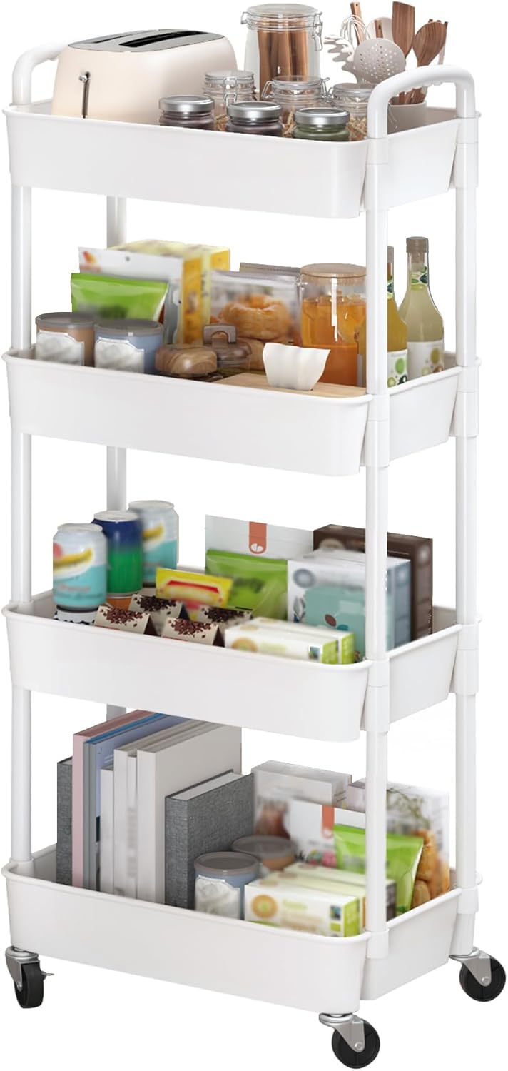 Sywhitta 4-Tier Plastic Rolling Utility Cart with Handle, Multi-Functional Storage Trolley for