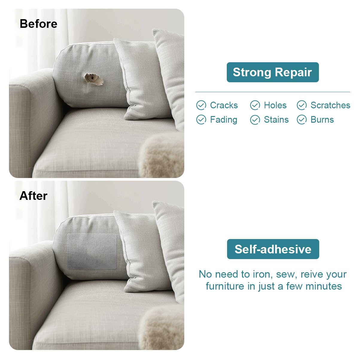 J.CARP 2Pcs Linen Repair Patches, Large Self-Adhesive Fabric Patch for Sofas, Couch, Furniture, Car