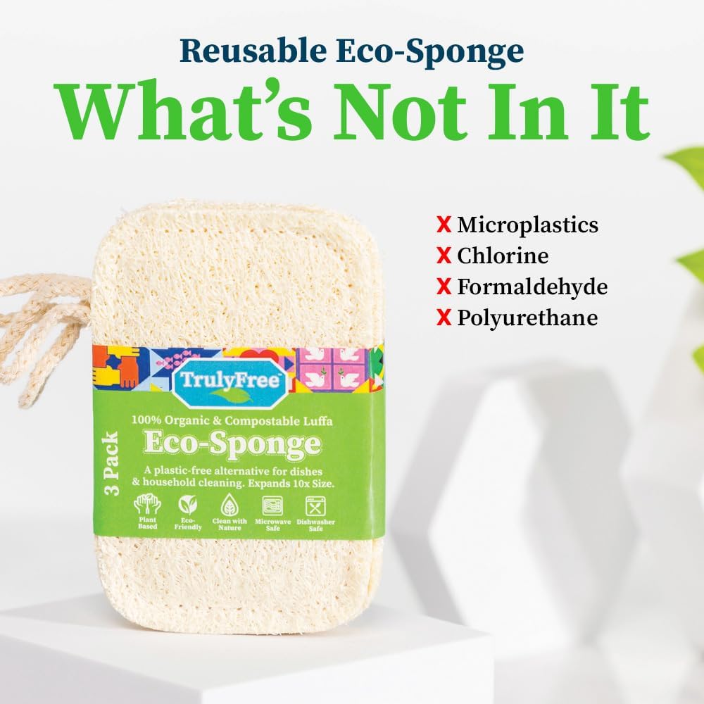 Truly Free Natural Cleaning Sponges, 100% Organic Luffa Dish Scrubber, Plant-Based Compostable