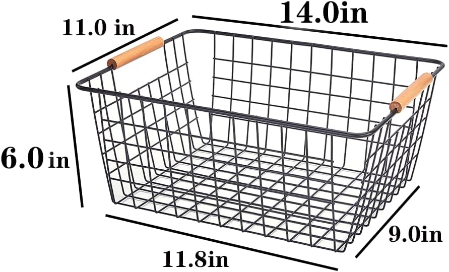 LeleCAT Large black wire baskets for Organizing with Wooden Handles for storage pantry, Storage