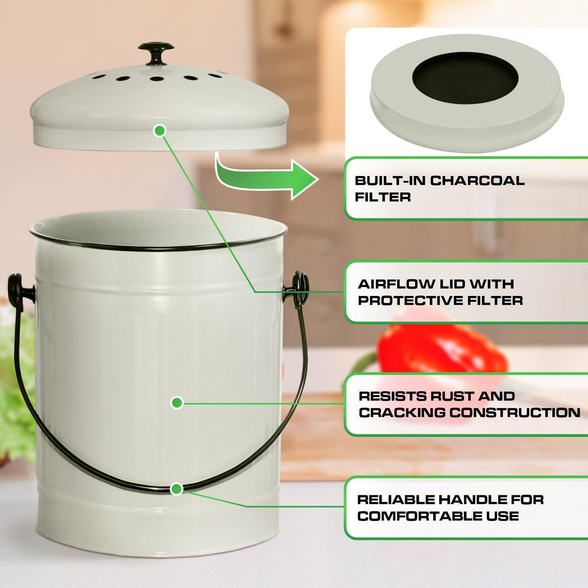 Plexon Countertop Compost Bin Kitchen Indoor with Lid, Off-White 1.5 Gallon Odorless Container