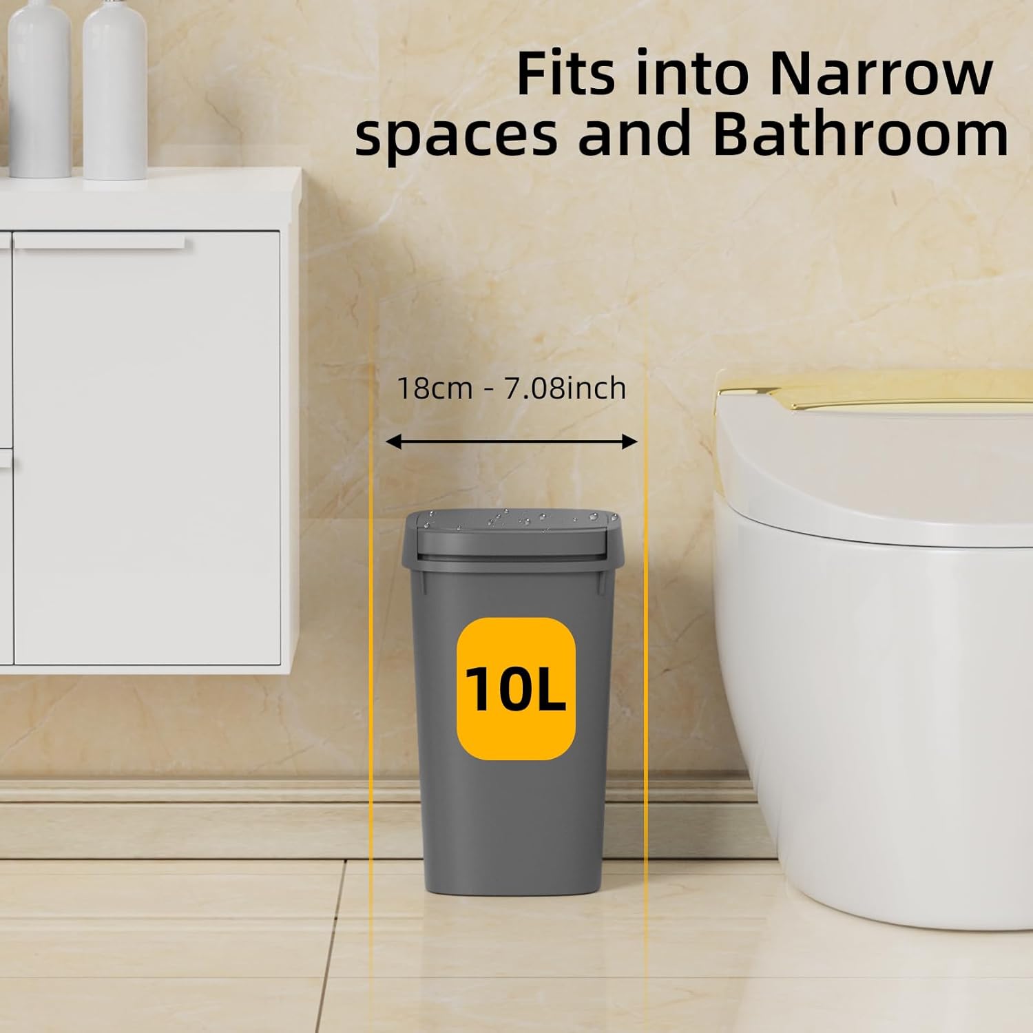 3 Pack Bathroom Small Trash Can with Lid, 2.6 Gallon Slim Garbage Bin with Pop-Up Lid, 10L Plastic