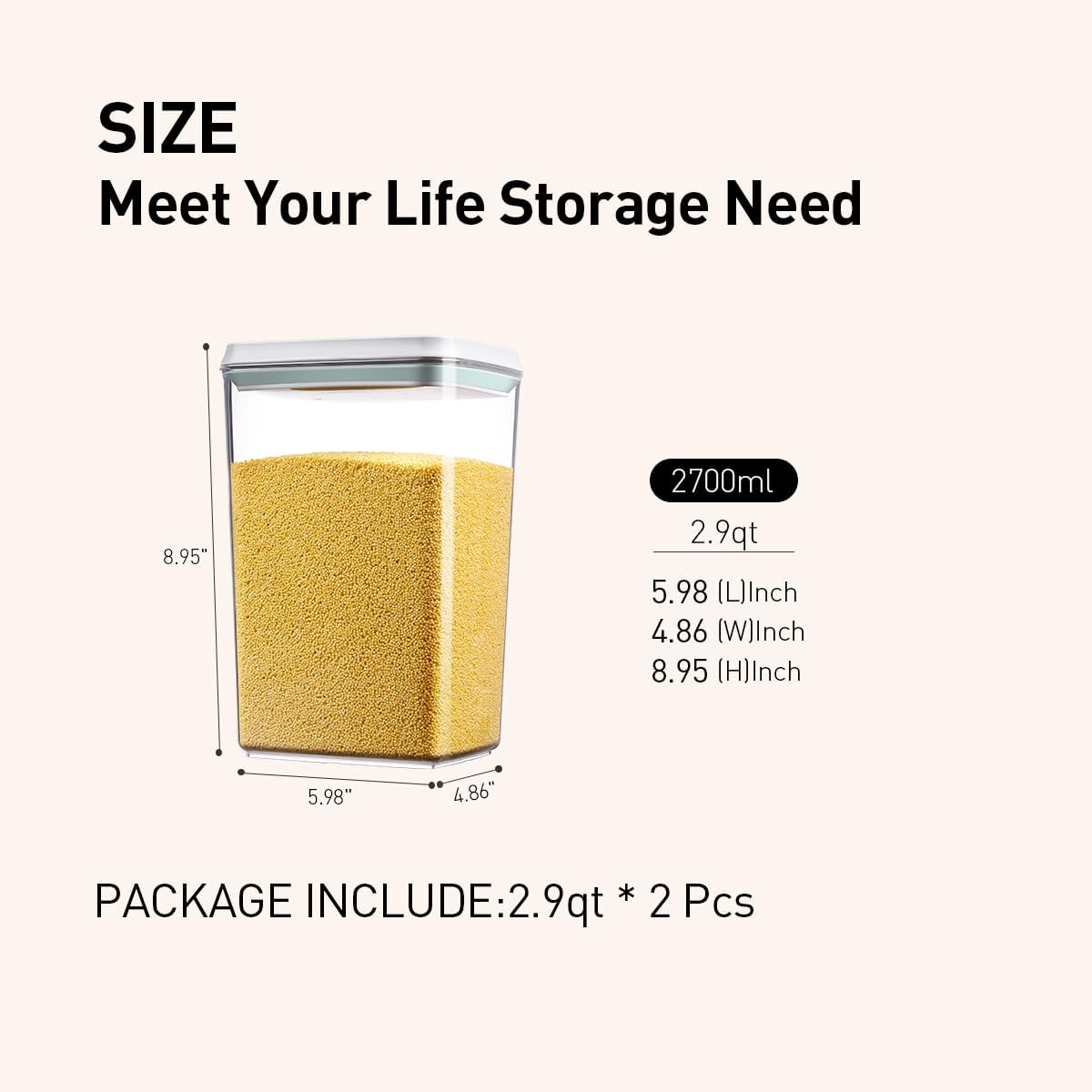 Food Storage Containers with Lids,2.9Qt 2Pcs Airtight Pop Food Storage Containers, BPA-Free