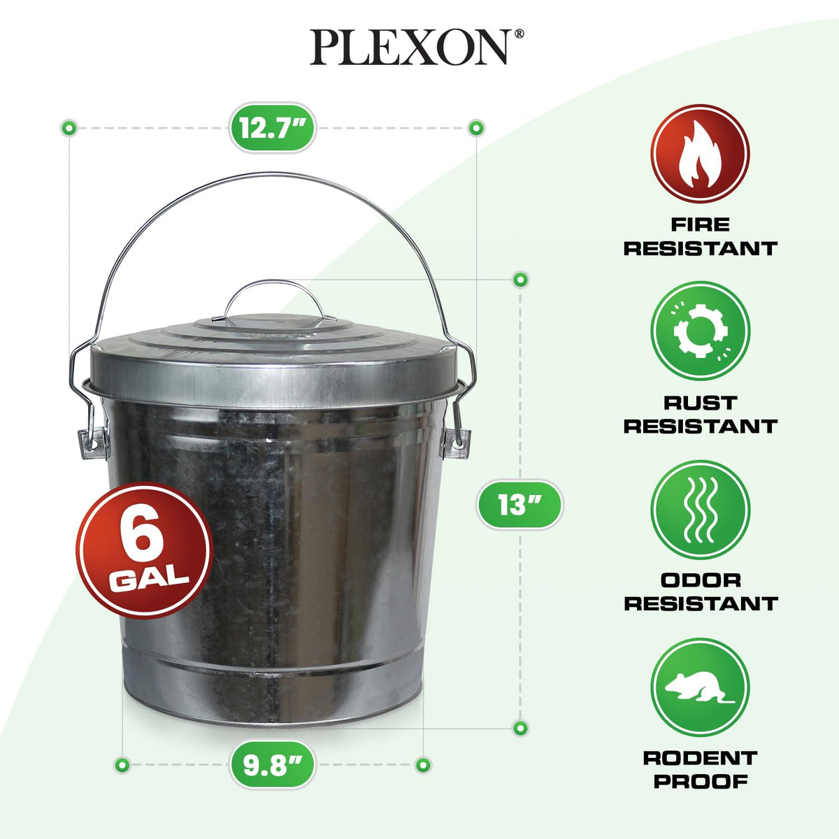 Plexon 6 Gallon Small Metal Trash Can with Locking Lid Galvanized Metal Bucket for Poultry Feed