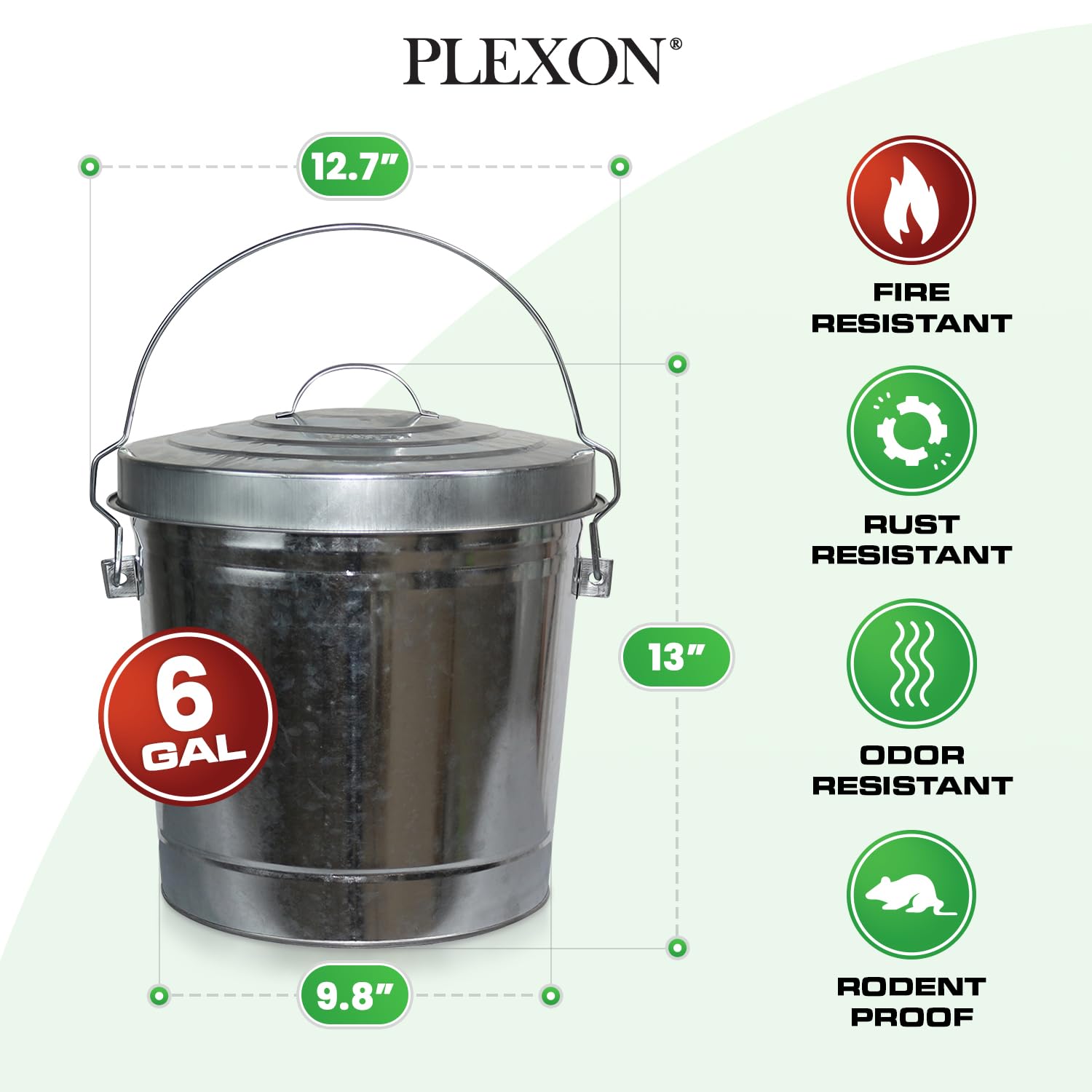 Plexon 6 Gallon Small Metal Trash Can with Lid Outdoor Locking Galvanized Metal Garbage Can with