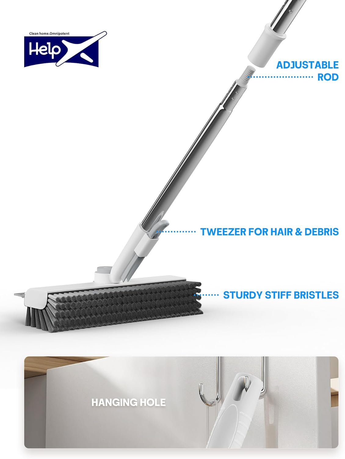 Floor Scrub Brush with Long Handle, 3 in 1 Scrape and Heavy-Duty Stiff Bristle Floor Scrubber Brush