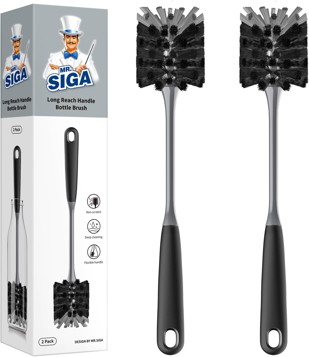 MR.SIGA Long Handle Bottle Brush, Flexible Scrub Brush for Water Bottles, Glasswares, Mugs, Black
