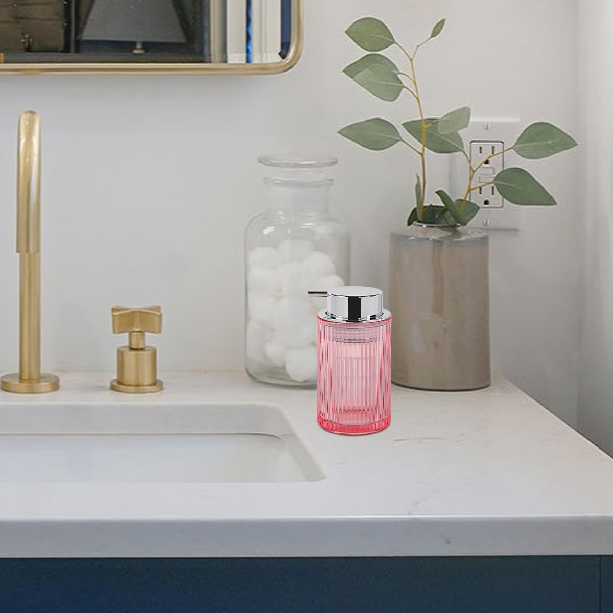 Pink Foaming Soap Dispenser, 12 Oz Glass Foaming Hand Soap Dispenser with Silver Pump, Bathroom